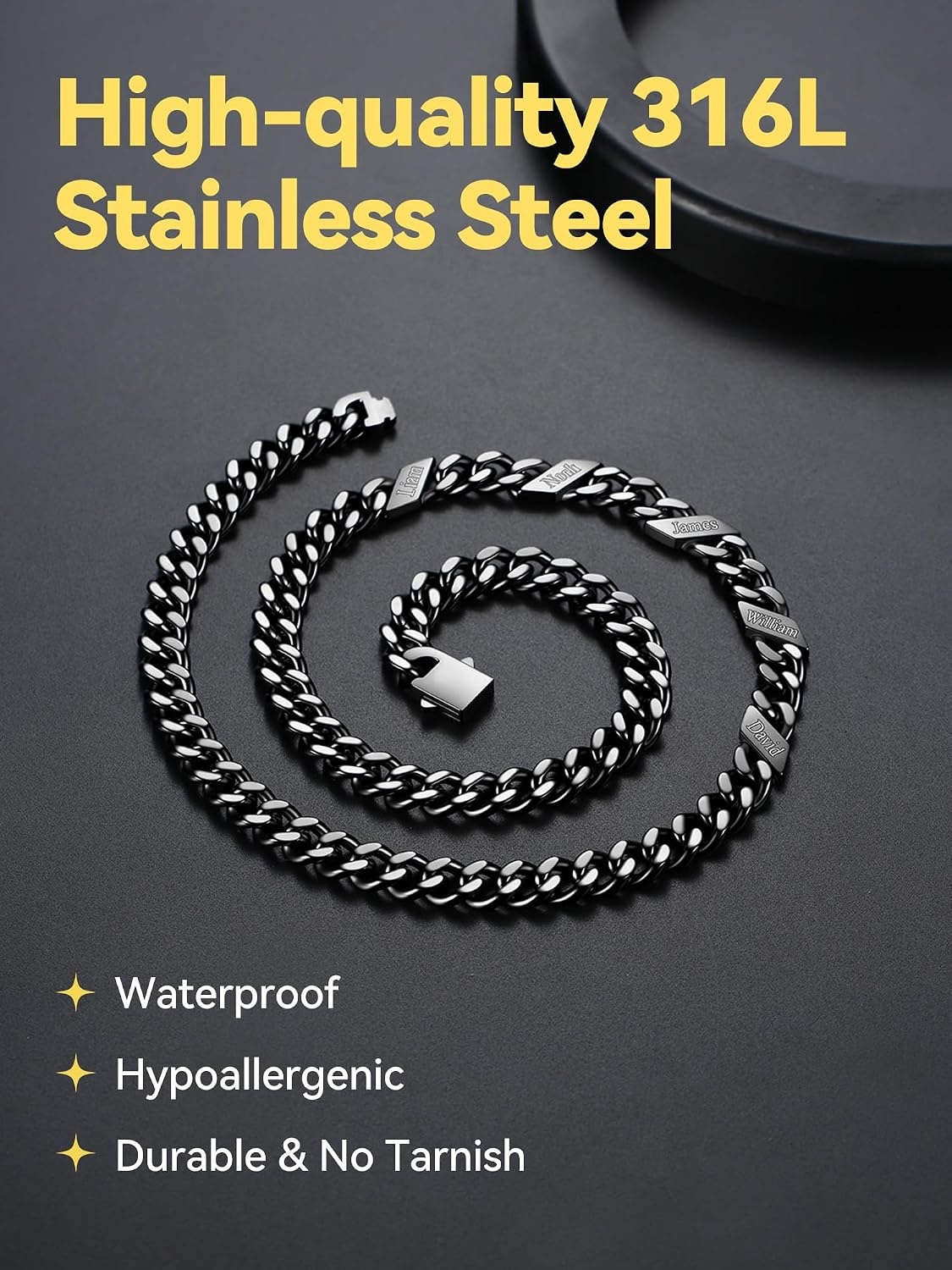 image:imageChainsHouse Personalized Cuban Link Chain for Men WomenCustom Engraved 16 Names5mm7mm9mm12mm Width Chain Name Necklace with Gift BoxHypoallergenic amp WaterproofIBlackMen9mm width