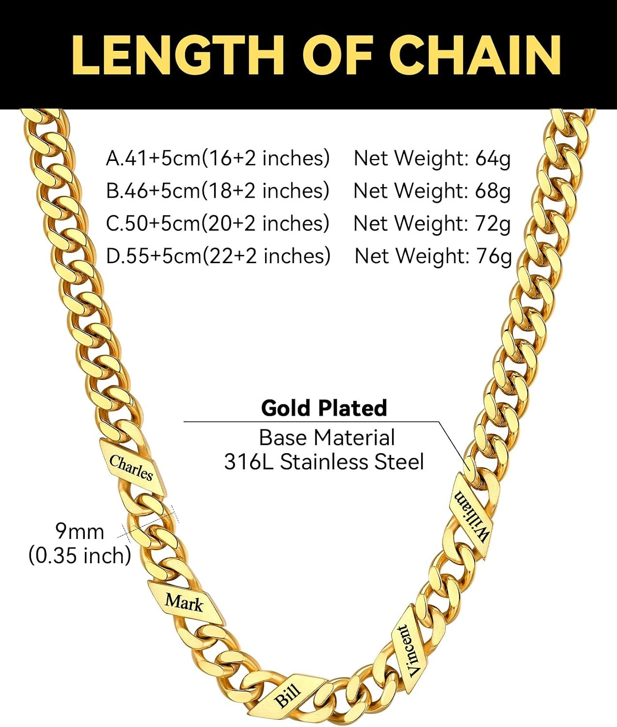 image:imageChainsHouse Personalized Cuban Link Chain for Men WomenCustom Engraved 16 Names5mm7mm9mm12mm Width Chain Name Necklace with Gift BoxHypoallergenic amp WaterproofPGoldWomen9mm width