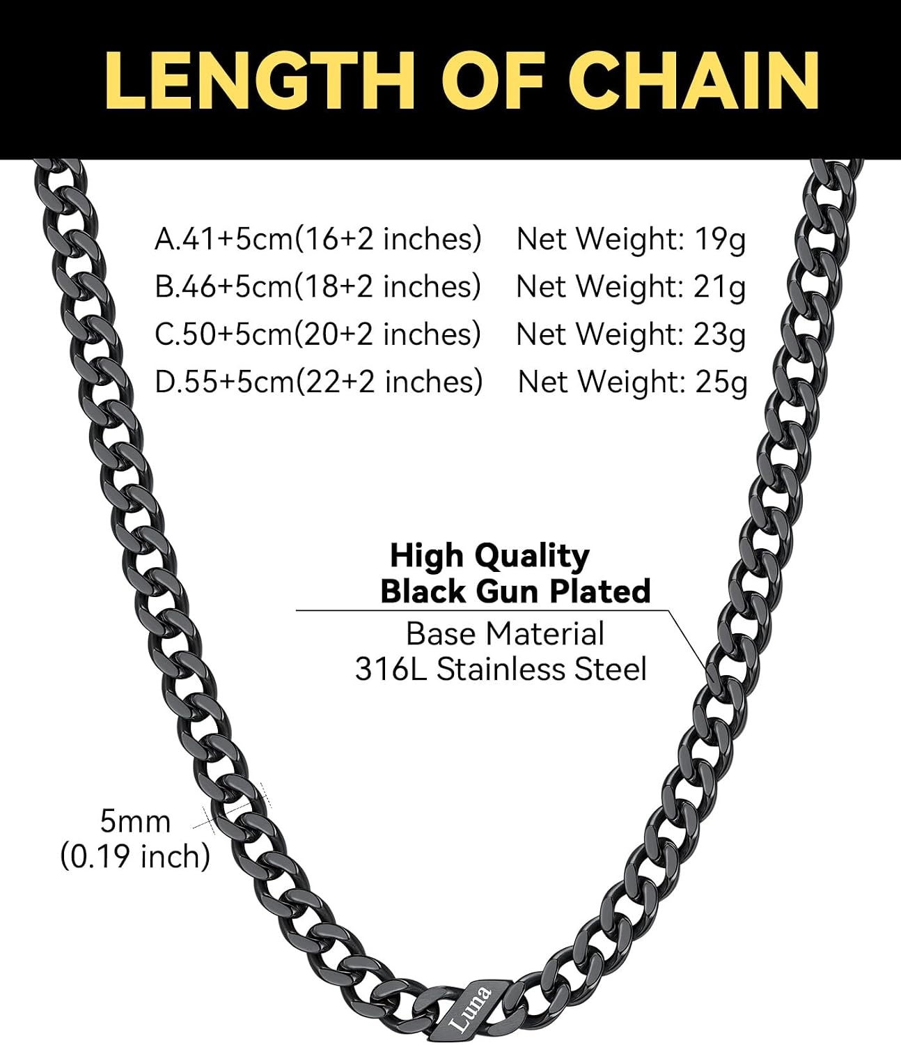 image:imageChainsHouse Personalized Cuban Link Chain for Men WomenCustom Engraved 16 Names5mm7mm9mm12mm Width Chain Name Necklace with Gift BoxHypoallergenic amp WaterproofQBlackWomen5mm width