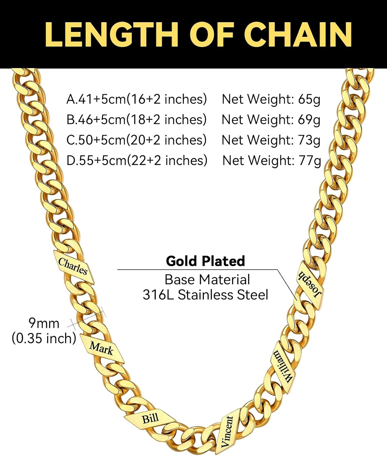 image:imageChainsHouse Personalized Cuban Link Chain for Men WomenCustom Engraved 16 Names5mm7mm9mm12mm Width Chain Name Necklace with Gift BoxHypoallergenic amp WaterproofPGoldWomen9mm width