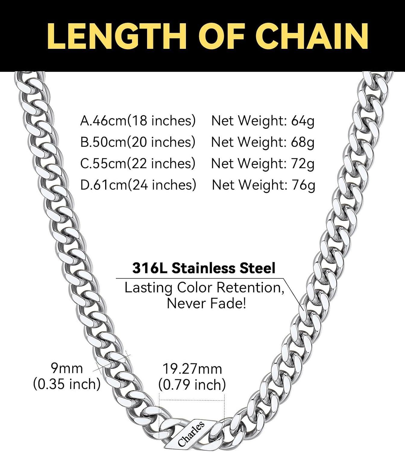 image:imageChainsHouse Personalized Cuban Link Chain for Men WomenCustom Engraved 16 Names5mm7mm9mm12mm Width Chain Name Necklace with Gift BoxHypoallergenic amp WaterproofBSteelMen9mm width