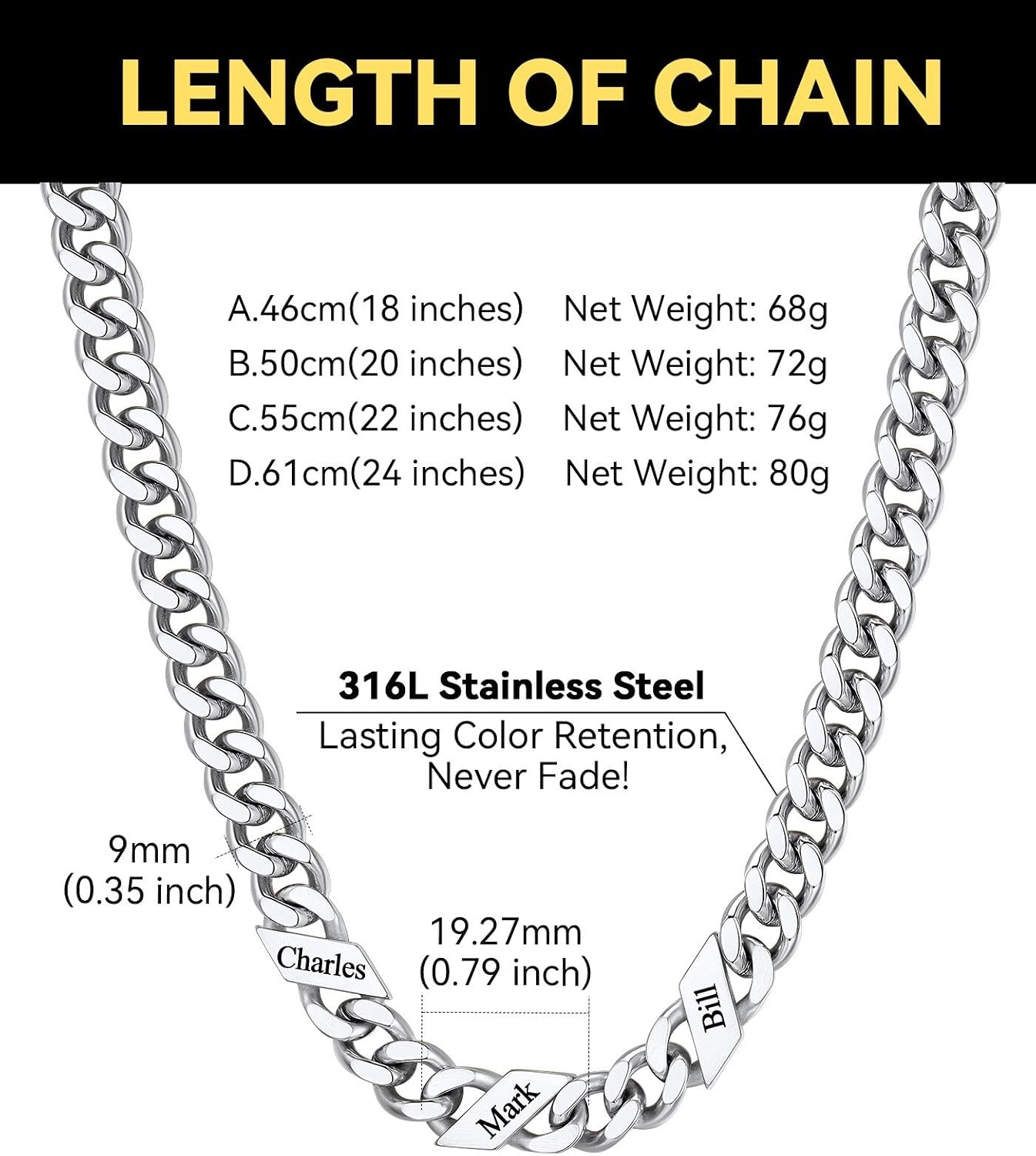image:imageChainsHouse Personalized Cuban Link Chain for Men WomenCustom Engraved 16 Names5mm7mm9mm12mm Width Chain Name Necklace with Gift BoxHypoallergenic amp WaterproofBSteelMen9mm width