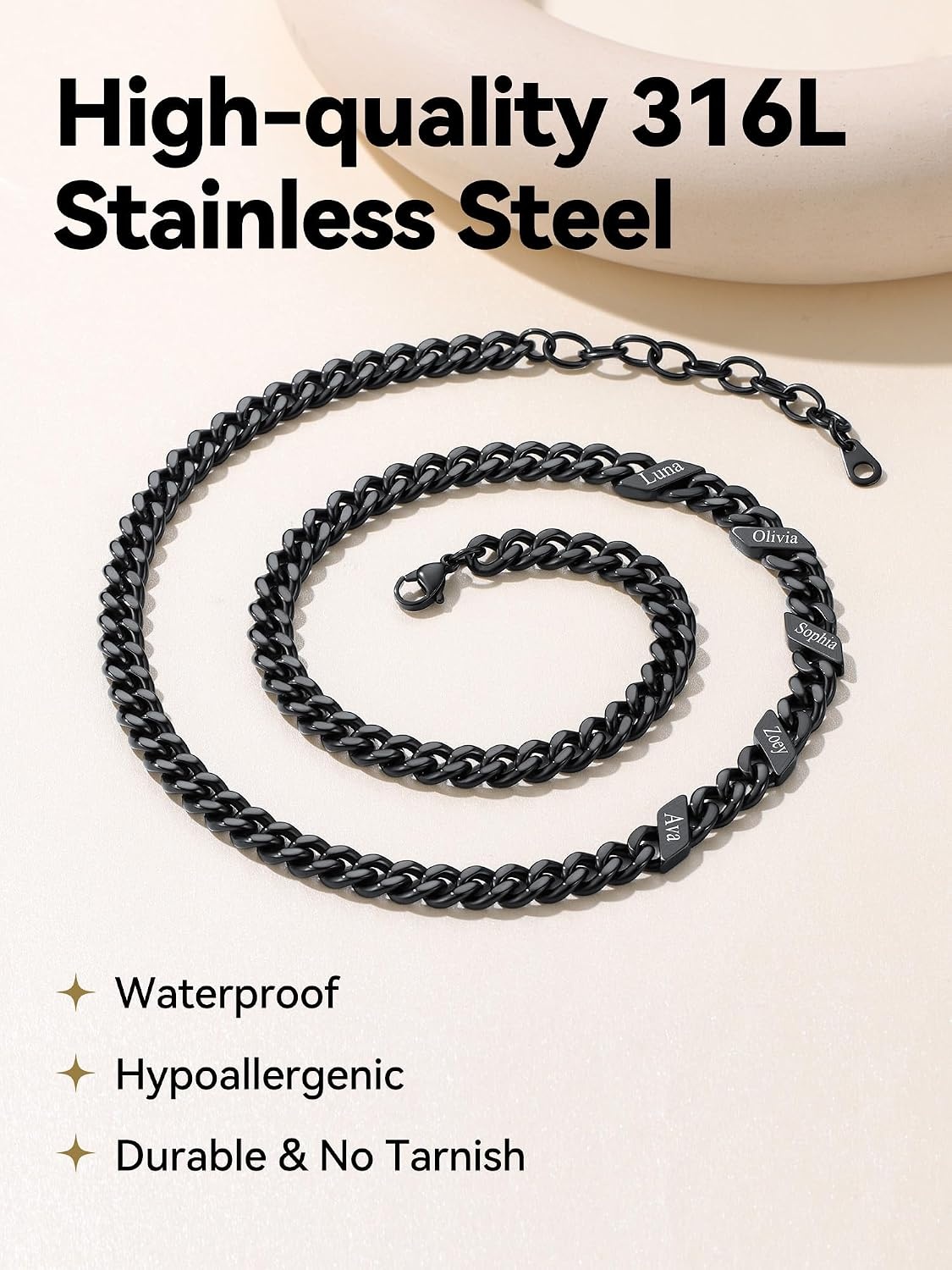 image:imageChainsHouse Personalized Cuban Link Chain for Men WomenCustom Engraved 16 Names5mm7mm9mm12mm Width Chain Name Necklace with Gift BoxHypoallergenic amp WaterproofRBlackWomen7mm width