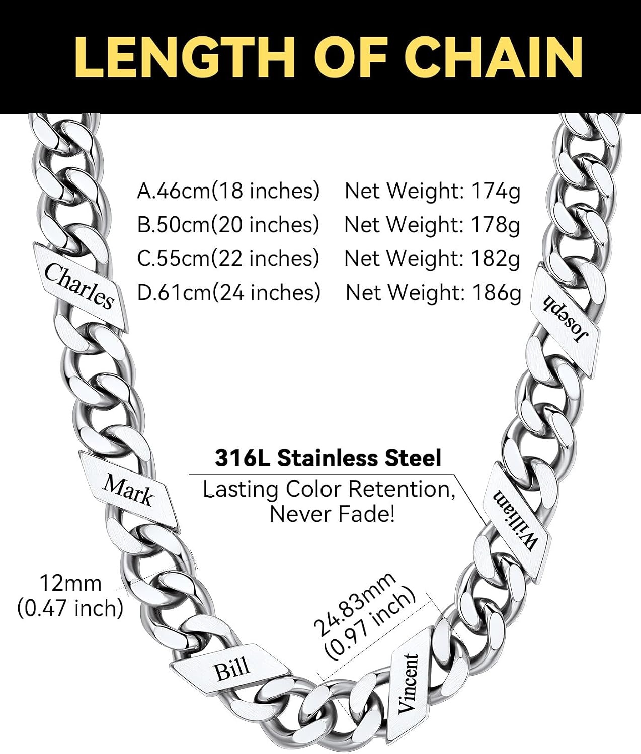 image:imageChainsHouse Personalized Cuban Link Chain for Men WomenCustom Engraved 16 Names5mm7mm9mm12mm Width Chain Name Necklace with Gift BoxHypoallergenic amp WaterproofCSteelMen12mm width