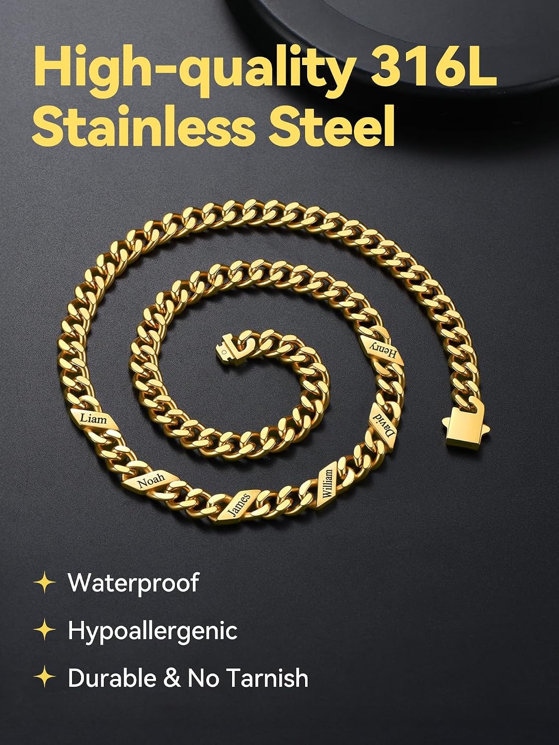image:imageChainsHouse Personalized Cuban Link Chain for Men WomenCustom Engraved 16 Names5mm7mm9mm12mm Width Chain Name Necklace with Gift BoxHypoallergenic amp WaterproofDGoldMen7mm width