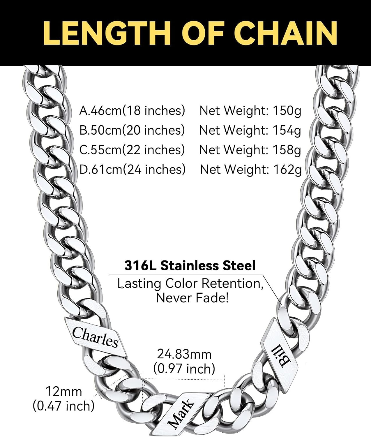 image:imageChainsHouse Personalized Cuban Link Chain for Men WomenCustom Engraved 16 Names5mm7mm9mm12mm Width Chain Name Necklace with Gift BoxHypoallergenic amp WaterproofCSteelMen12mm width