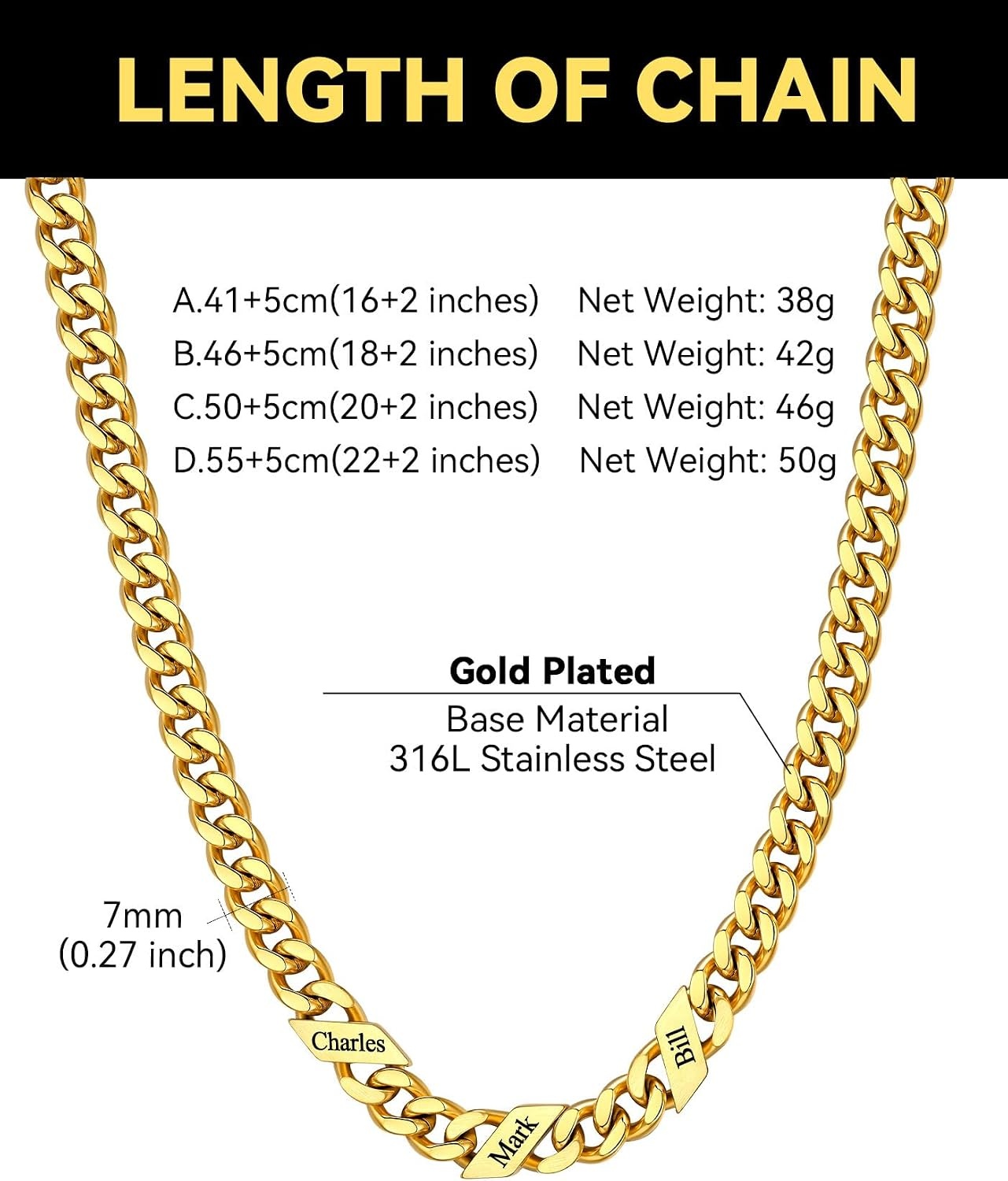 image:imageChainsHouse Personalized Cuban Link Chain for Men WomenCustom Engraved 16 Names5mm7mm9mm12mm Width Chain Name Necklace with Gift BoxHypoallergenic amp WaterproofOGoldWomen7mm width