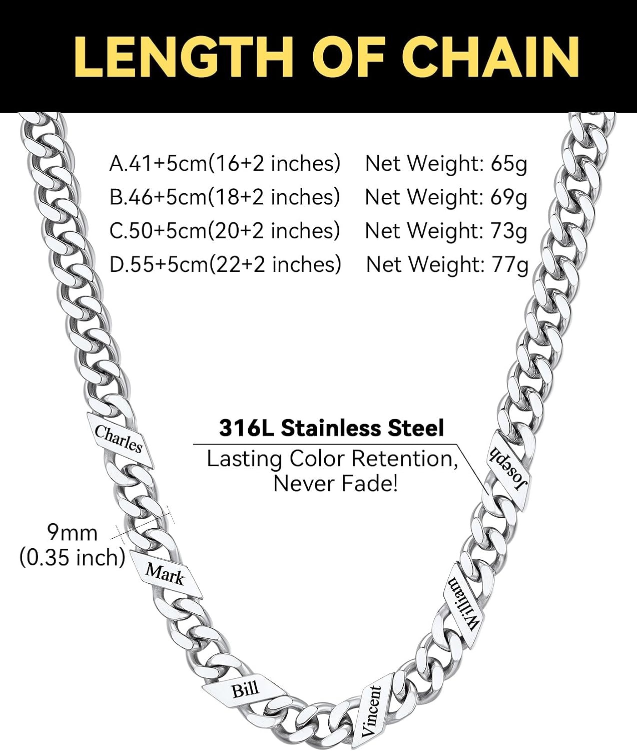 image:imageChainsHouse Personalized Cuban Link Chain for Men WomenCustom Engraved 16 Names5mm7mm9mm12mm Width Chain Name Necklace with Gift BoxHypoallergenic amp WaterproofMSteelWomen9mm width