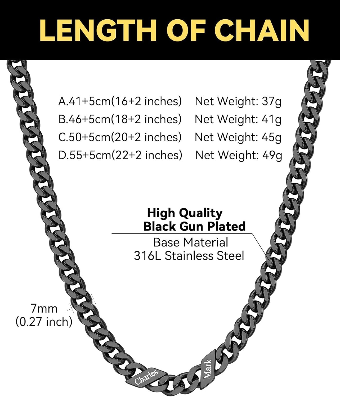 image:imageChainsHouse Personalized Cuban Link Chain for Men WomenCustom Engraved 16 Names5mm7mm9mm12mm Width Chain Name Necklace with Gift BoxHypoallergenic amp WaterproofRBlackWomen7mm width