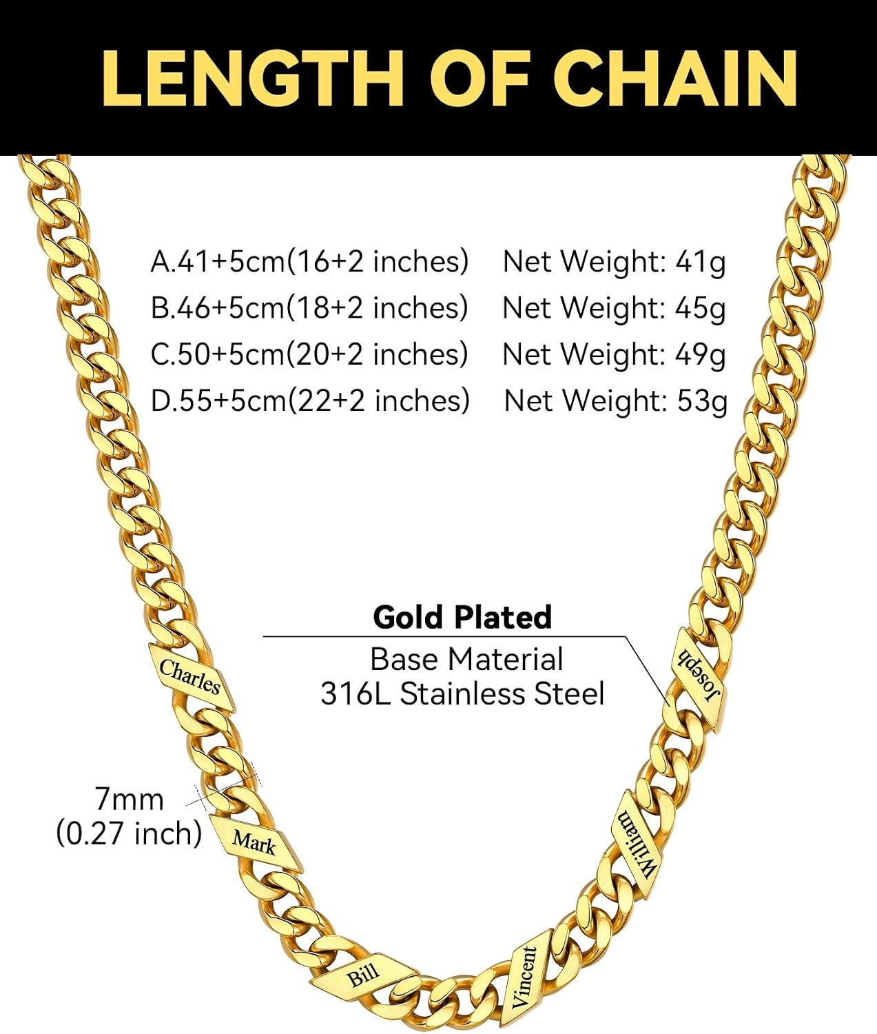 image:imageChainsHouse Personalized Cuban Link Chain for Men WomenCustom Engraved 16 Names5mm7mm9mm12mm Width Chain Name Necklace with Gift BoxHypoallergenic amp WaterproofOGoldWomen7mm width