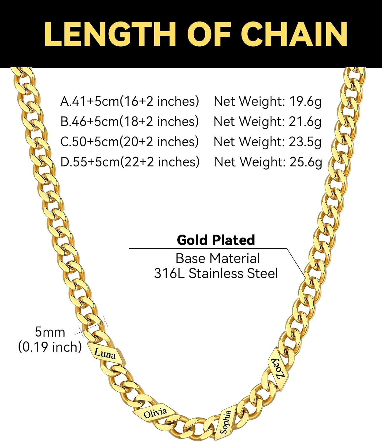 image:imageChainsHouse Personalized Cuban Link Chain for Men WomenCustom Engraved 16 Names5mm7mm9mm12mm Width Chain Name Necklace with Gift BoxHypoallergenic amp WaterproofNGoldWomen5mm width