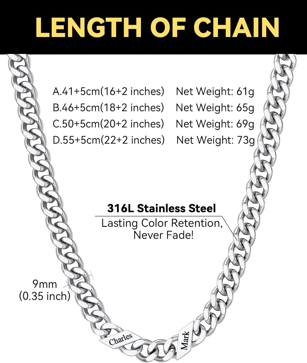 image:imageChainsHouse Personalized Cuban Link Chain for Men WomenCustom Engraved 16 Names5mm7mm9mm12mm Width Chain Name Necklace with Gift BoxHypoallergenic amp WaterproofMSteelWomen9mm width