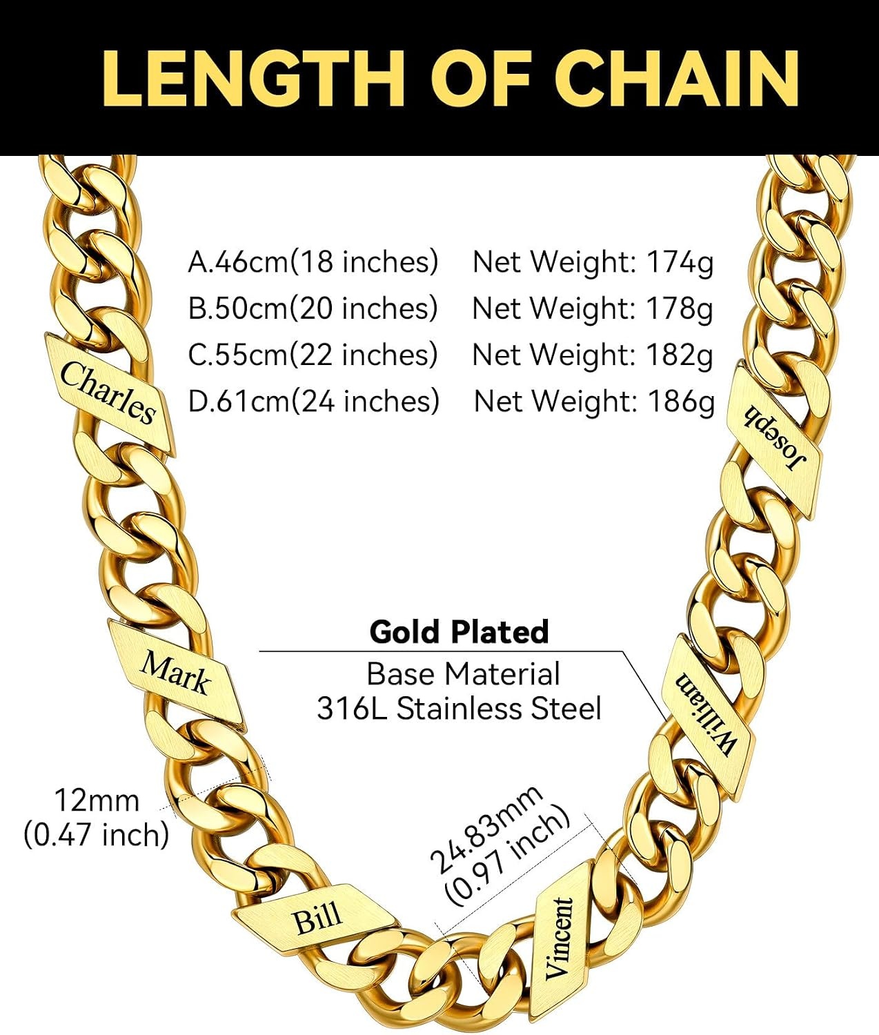 image:imageChainsHouse Personalized Cuban Link Chain for Men WomenCustom Engraved 16 Names5mm7mm9mm12mm Width Chain Name Necklace with Gift BoxHypoallergenic amp WaterproofGGoldMen9mm width