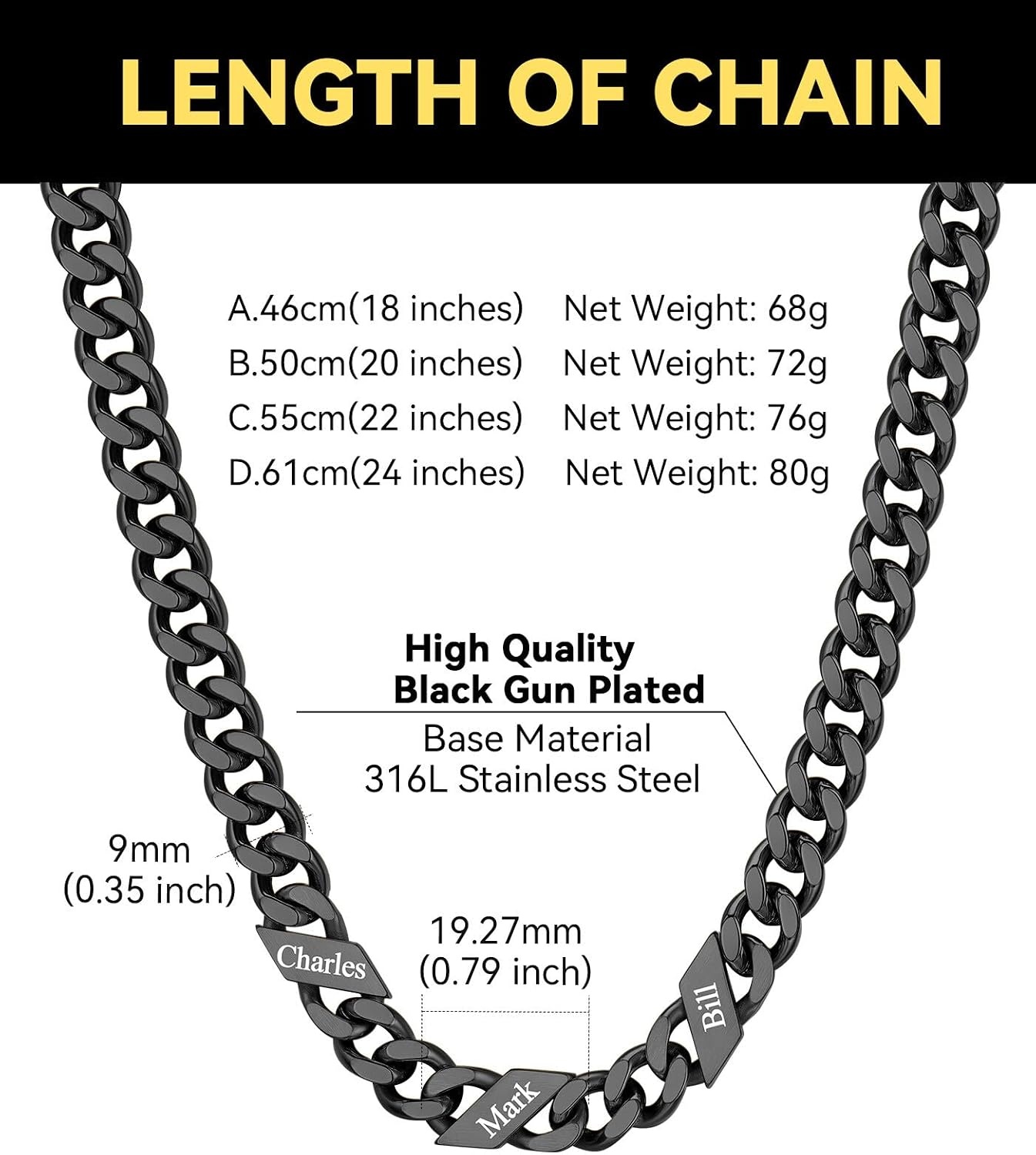 image:imageChainsHouse Personalized Cuban Link Chain for Men WomenCustom Engraved 16 Names5mm7mm9mm12mm Width Chain Name Necklace with Gift BoxHypoallergenic amp WaterproofIBlackMen9mm width