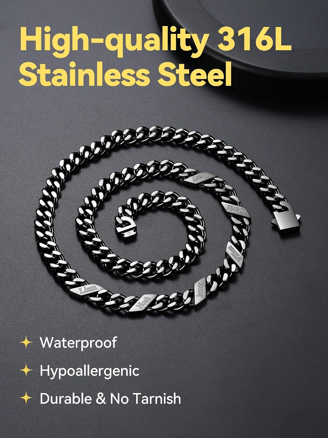image:imageChainsHouse Personalized Cuban Link Chain for Men WomenCustom Engraved 16 Names5mm7mm9mm12mm Width Chain Name Necklace with Gift BoxHypoallergenic amp WaterproofHBlackMen7mm width
