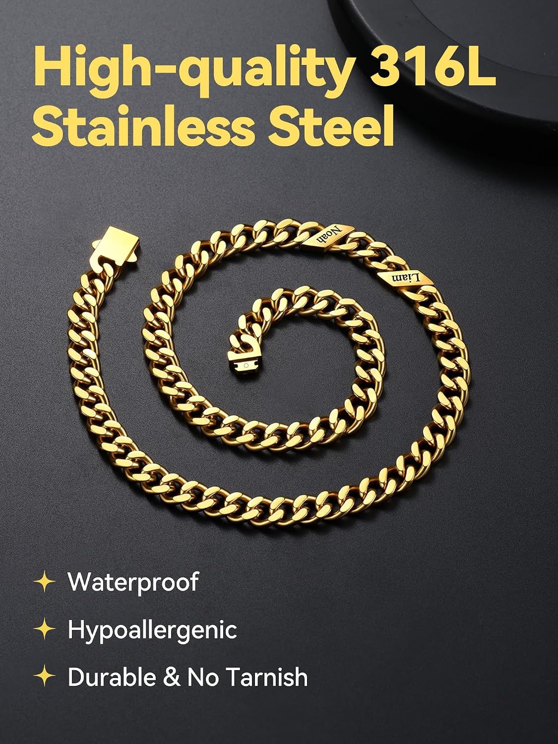 image:imageChainsHouse Personalized Cuban Link Chain for Men WomenCustom Engraved 16 Names5mm7mm9mm12mm Width Chain Name Necklace with Gift BoxHypoallergenic amp WaterproofFGoldMen9mm width