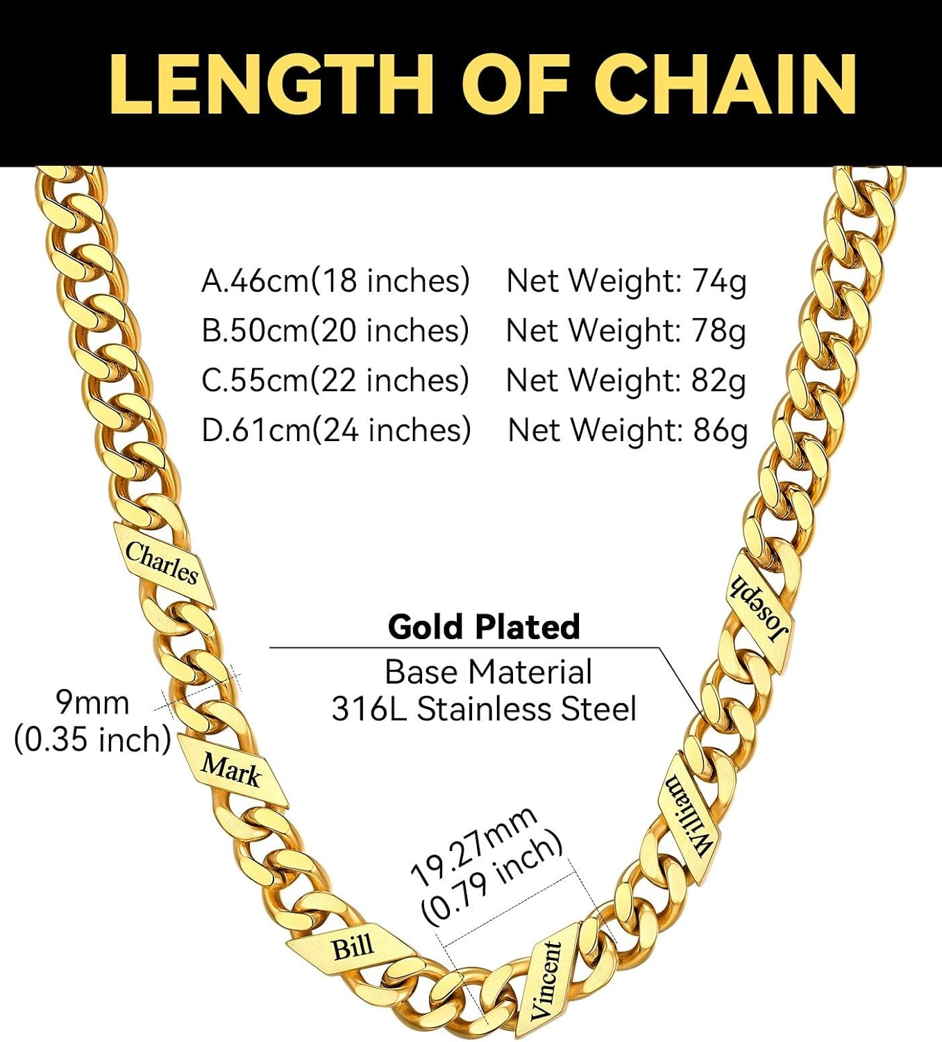 image:imageChainsHouse Personalized Cuban Link Chain for Men WomenCustom Engraved 16 Names5mm7mm9mm12mm Width Chain Name Necklace with Gift BoxHypoallergenic amp WaterproofFGoldMen9mm width