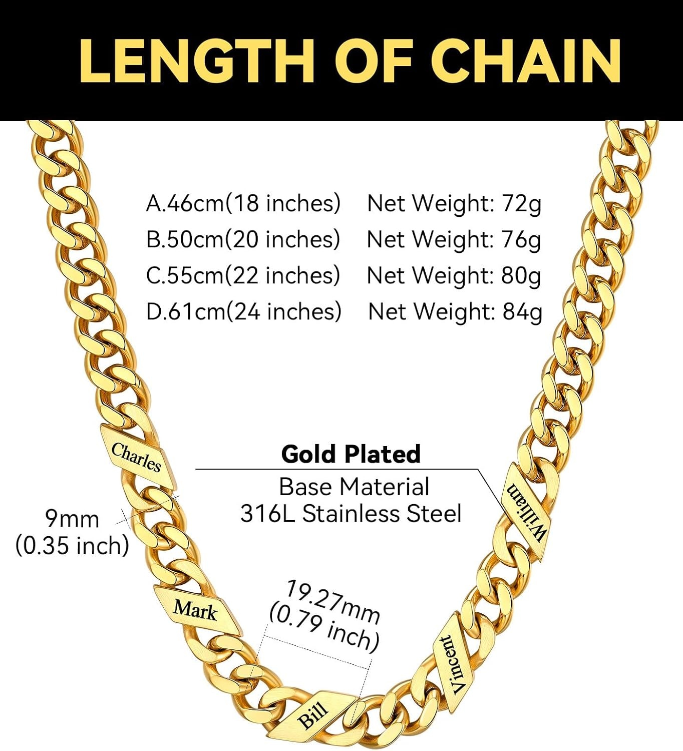 image:imageChainsHouse Personalized Cuban Link Chain for Men WomenCustom Engraved 16 Names5mm7mm9mm12mm Width Chain Name Necklace with Gift BoxHypoallergenic amp WaterproofFGoldMen9mm width