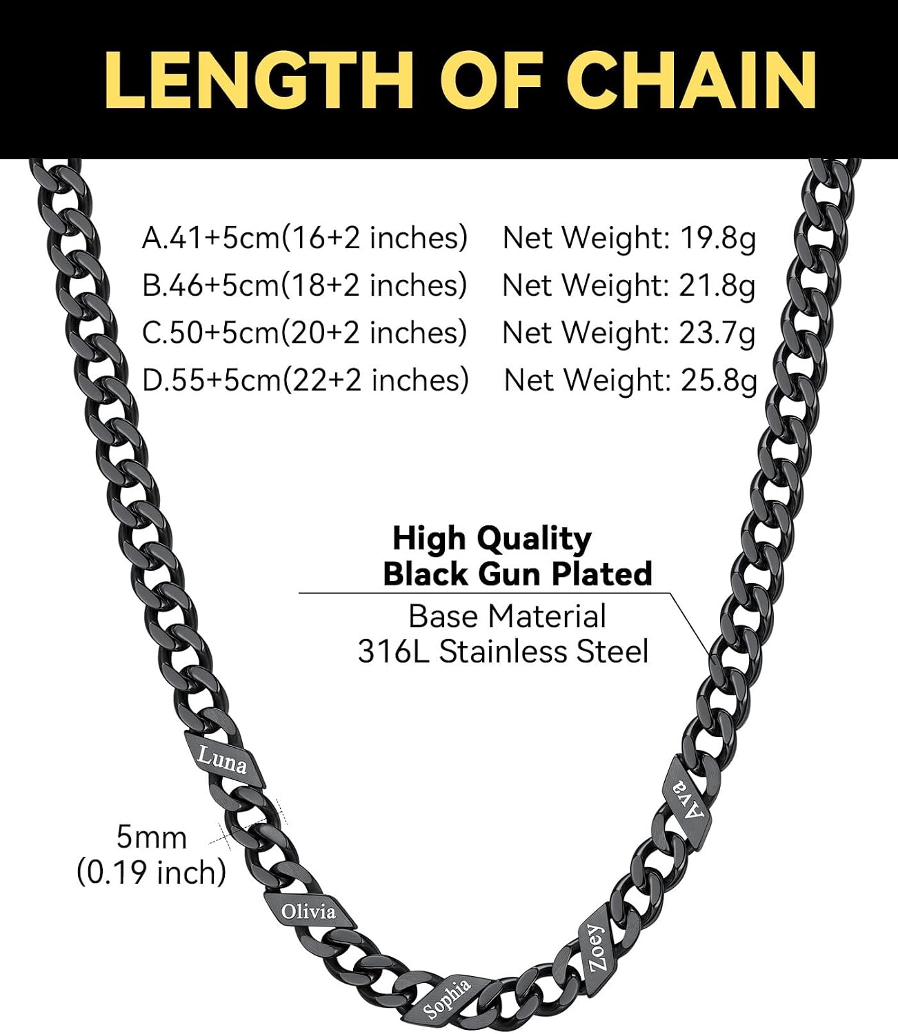 image:imageChainsHouse Personalized Cuban Link Chain for Men WomenCustom Engraved 16 Names5mm7mm9mm12mm Width Chain Name Necklace with Gift BoxHypoallergenic amp WaterproofQBlackWomen5mm width