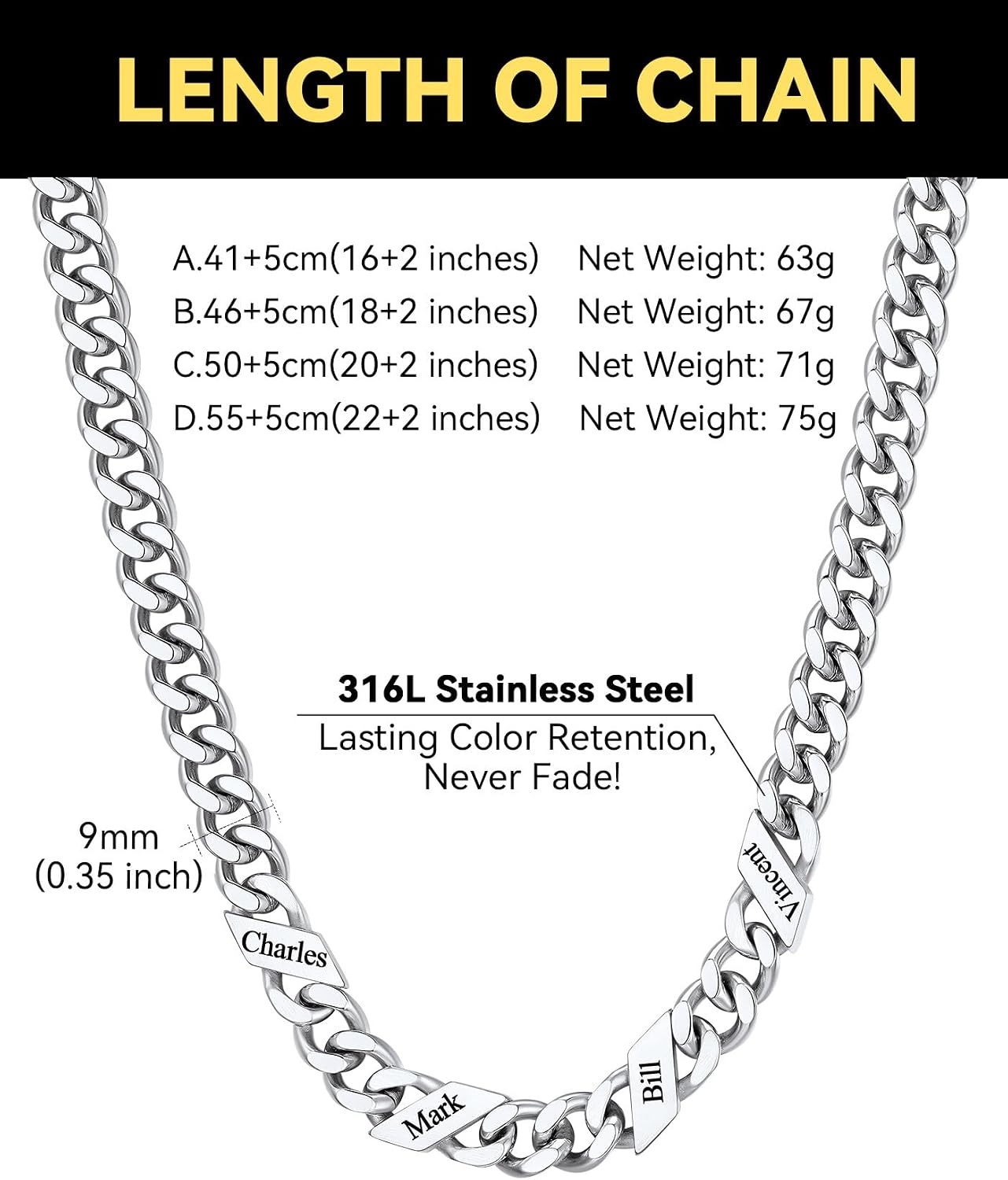 image:imageChainsHouse Personalized Cuban Link Chain for Men WomenCustom Engraved 16 Names5mm7mm9mm12mm Width Chain Name Necklace with Gift BoxHypoallergenic amp WaterproofMSteelWomen9mm width