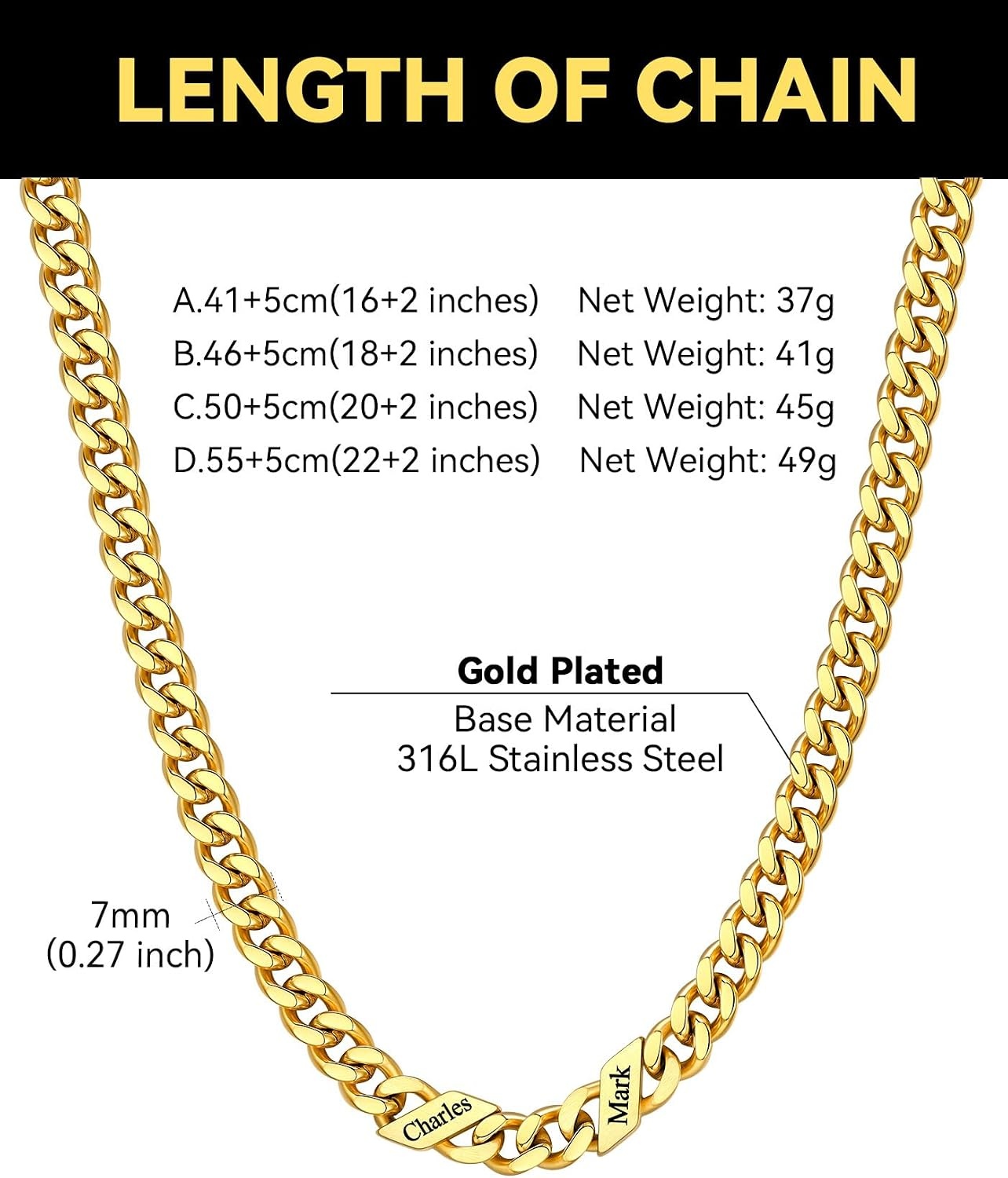 image:imageChainsHouse Personalized Cuban Link Chain for Men WomenCustom Engraved 16 Names5mm7mm9mm12mm Width Chain Name Necklace with Gift BoxHypoallergenic amp WaterproofOGoldWomen7mm width