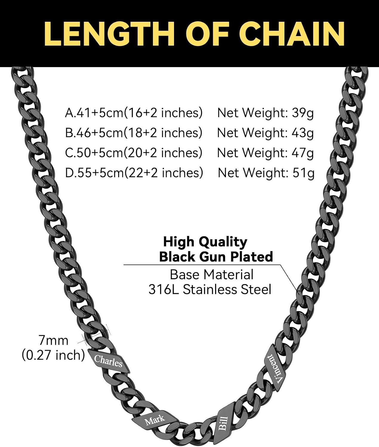 image:imageChainsHouse Personalized Cuban Link Chain for Men WomenCustom Engraved 16 Names5mm7mm9mm12mm Width Chain Name Necklace with Gift BoxHypoallergenic amp WaterproofRBlackWomen7mm width