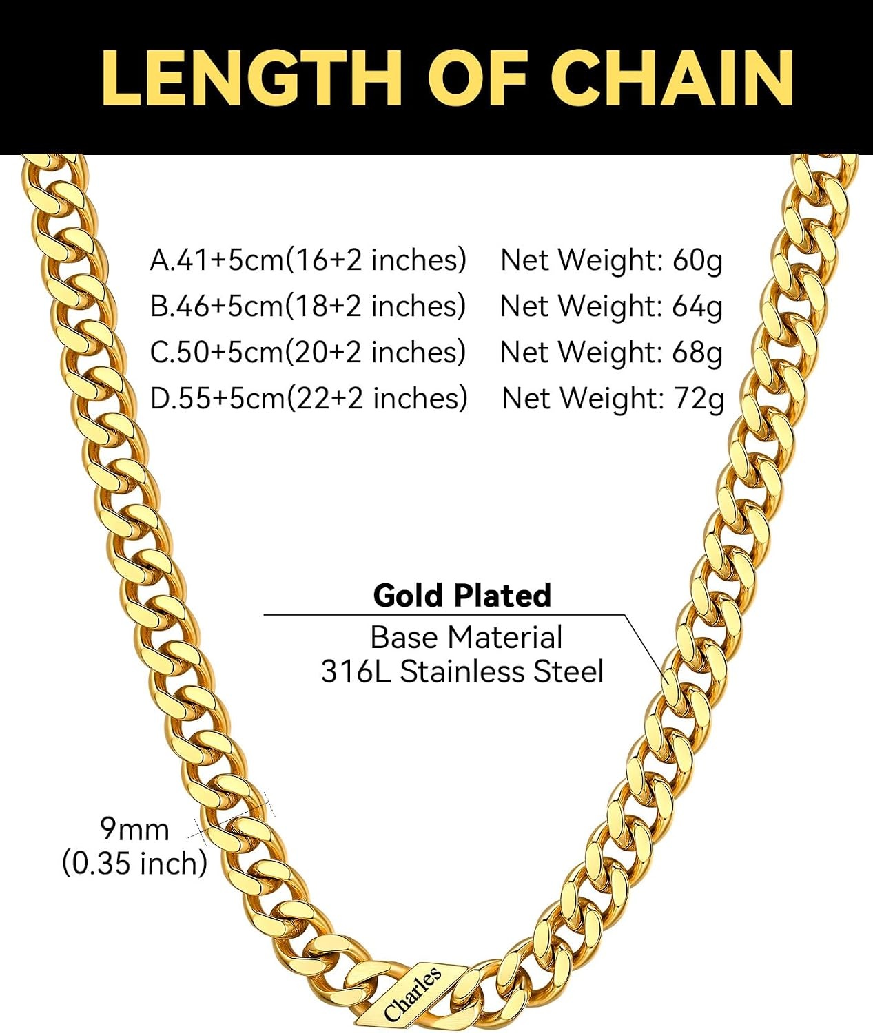 image:imageChainsHouse Personalized Cuban Link Chain for Men WomenCustom Engraved 16 Names5mm7mm9mm12mm Width Chain Name Necklace with Gift BoxHypoallergenic amp WaterproofPGoldWomen9mm width