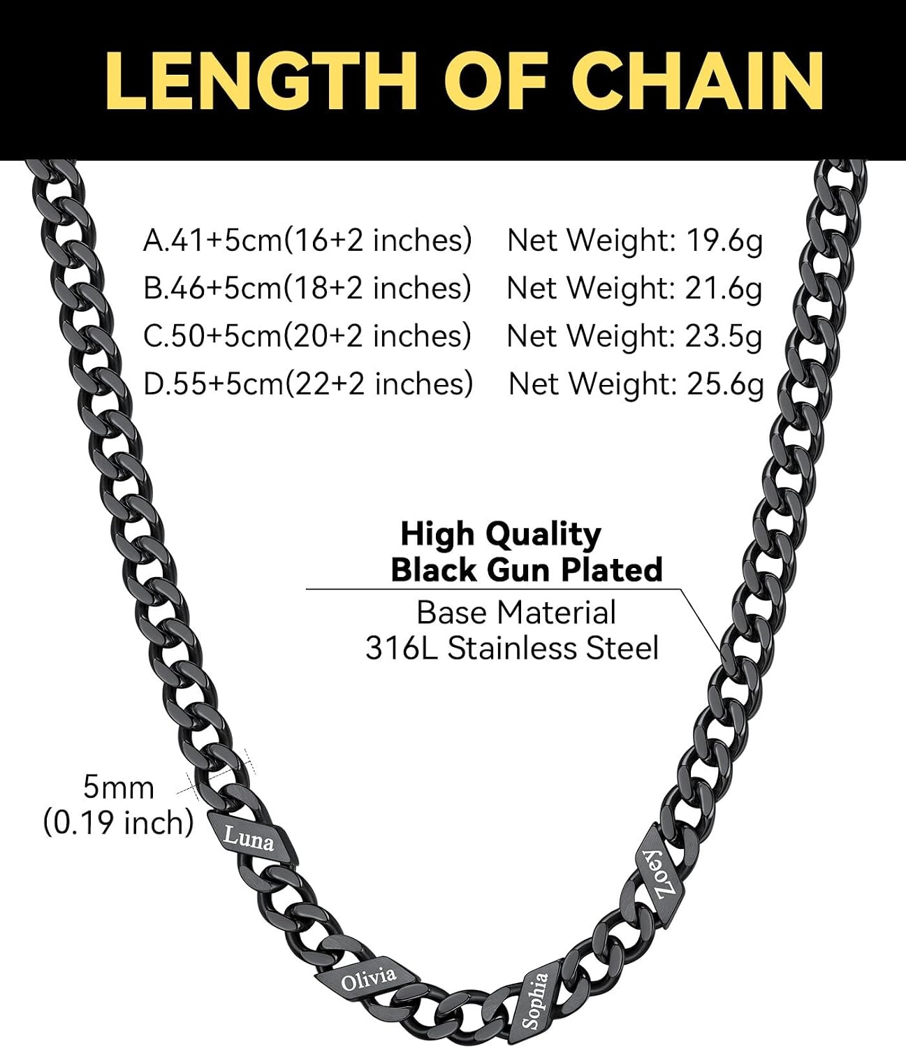 image:imageChainsHouse Personalized Cuban Link Chain for Men WomenCustom Engraved 16 Names5mm7mm9mm12mm Width Chain Name Necklace with Gift BoxHypoallergenic amp WaterproofQBlackWomen5mm width