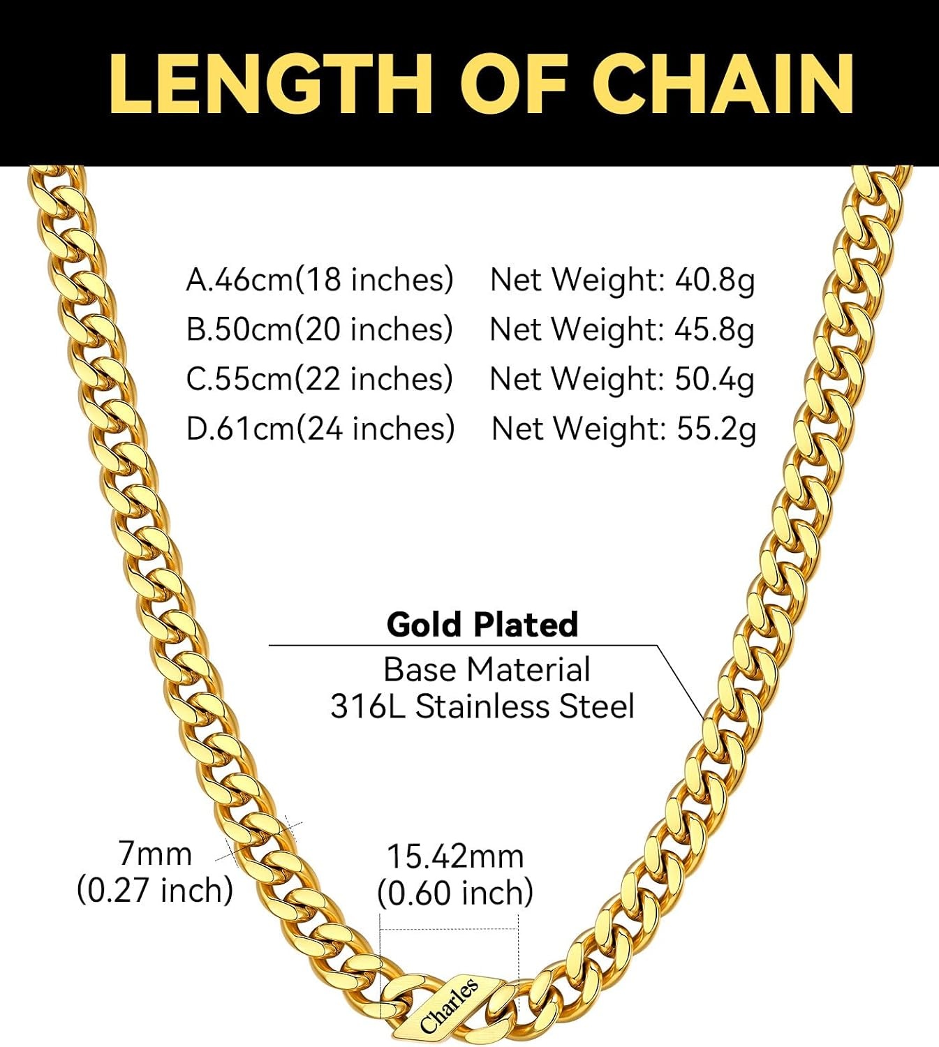 image:imageChainsHouse Personalized Cuban Link Chain for Men WomenCustom Engraved 16 Names5mm7mm9mm12mm Width Chain Name Necklace with Gift BoxHypoallergenic amp WaterproofDGoldMen7mm width