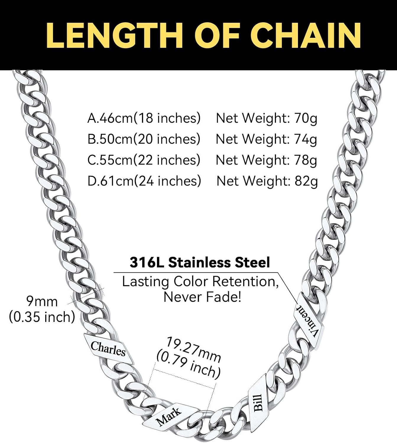 image:imageChainsHouse Personalized Cuban Link Chain for Men WomenCustom Engraved 16 Names5mm7mm9mm12mm Width Chain Name Necklace with Gift BoxHypoallergenic amp WaterproofBSteelMen9mm width