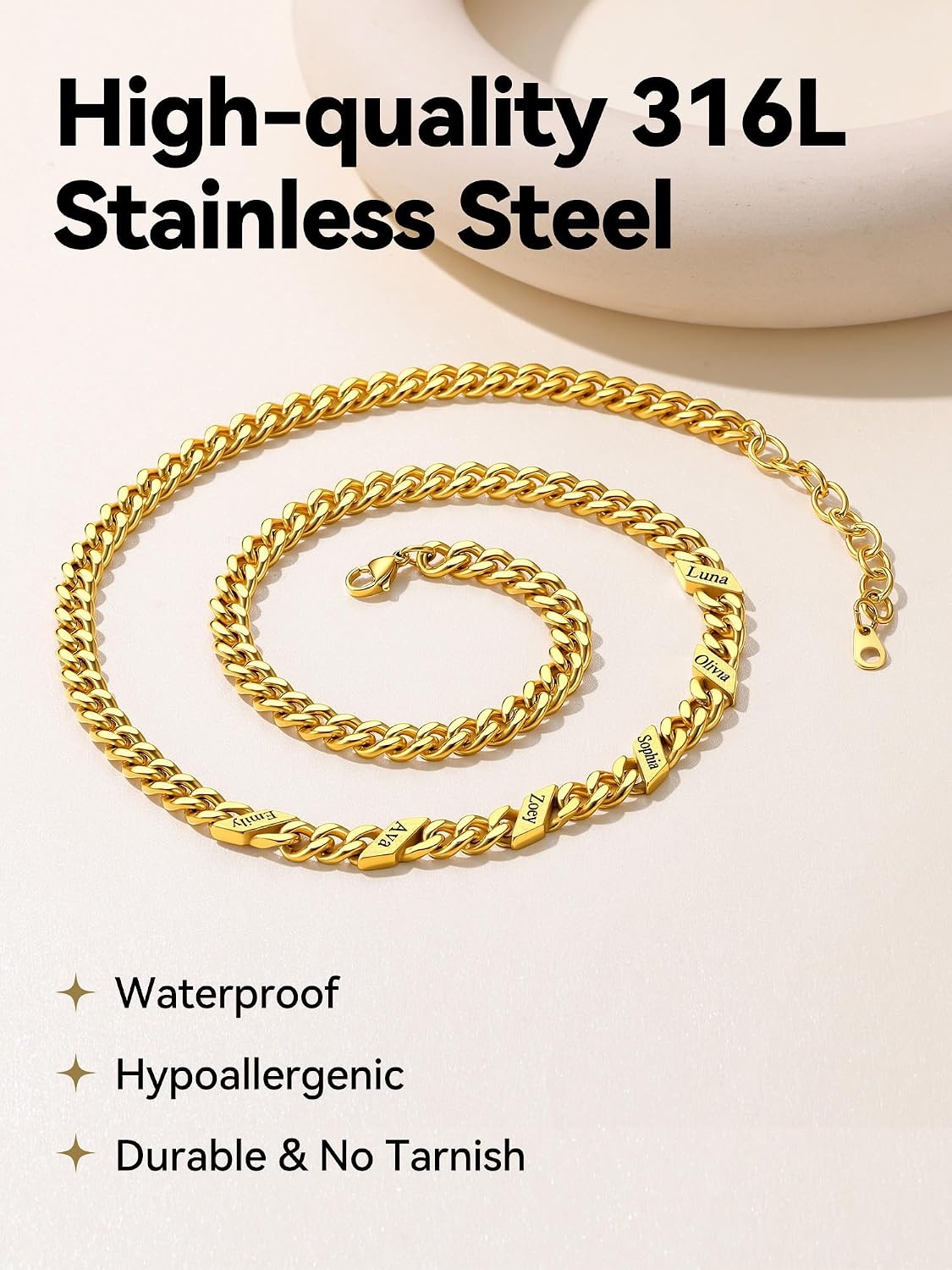 image:imageChainsHouse Personalized Cuban Link Chain for Men WomenCustom Engraved 16 Names5mm7mm9mm12mm Width Chain Name Necklace with Gift BoxHypoallergenic amp WaterproofNGoldWomen5mm width