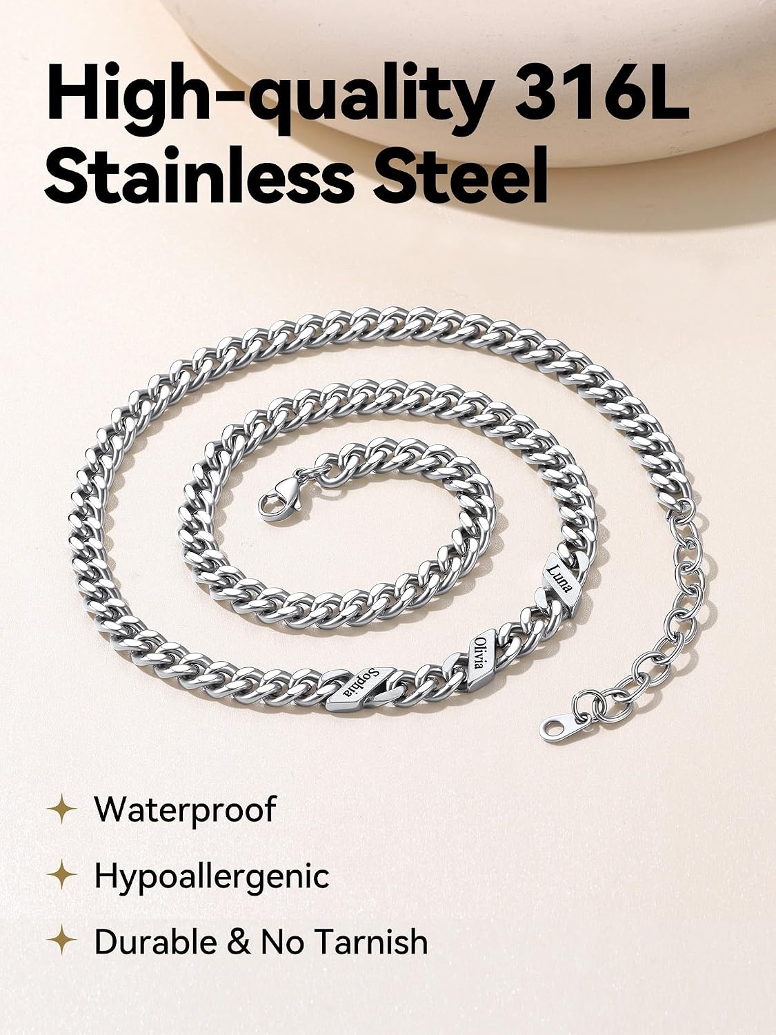 image:imageChainsHouse Personalized Cuban Link Chain for Men WomenCustom Engraved 16 Names5mm7mm9mm12mm Width Chain Name Necklace with Gift BoxHypoallergenic amp WaterproofMSteelWomen9mm width
