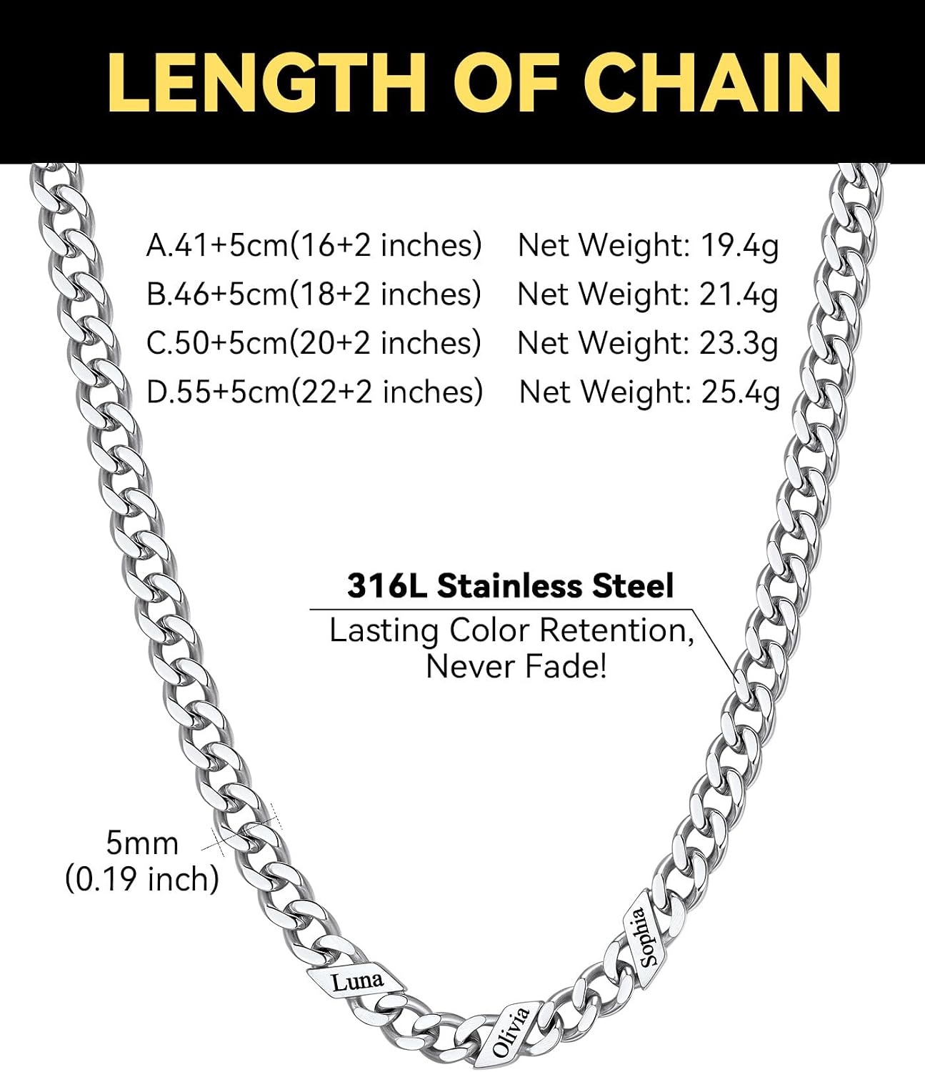 image:imageChainsHouse Personalized Cuban Link Chain for Men WomenCustom Engraved 16 Names5mm7mm9mm12mm Width Chain Name Necklace with Gift BoxHypoallergenic amp WaterproofKSteelWomen5mm width