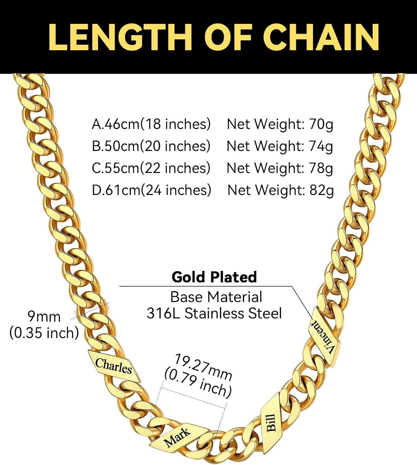image:imageChainsHouse Personalized Cuban Link Chain for Men WomenCustom Engraved 16 Names5mm7mm9mm12mm Width Chain Name Necklace with Gift BoxHypoallergenic amp WaterproofFGoldMen9mm width