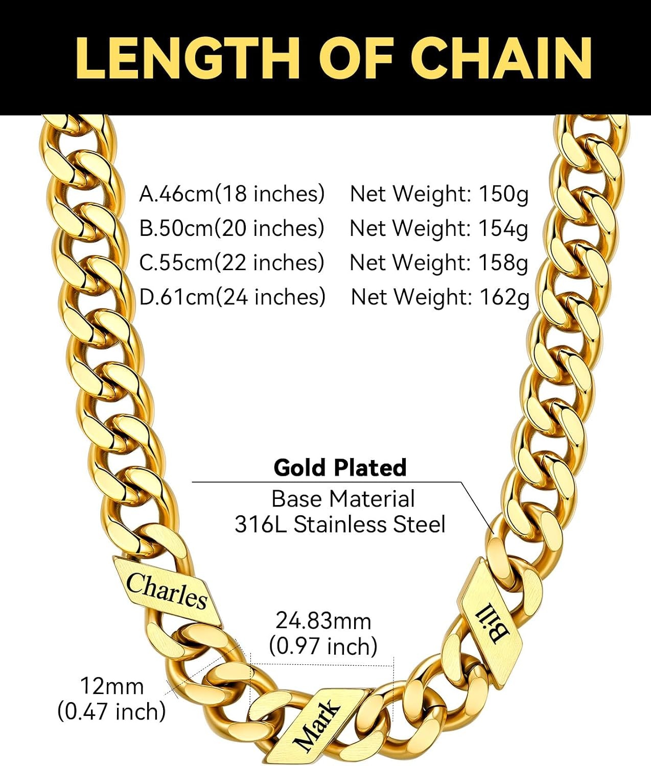 image:imageChainsHouse Personalized Cuban Link Chain for Men WomenCustom Engraved 16 Names5mm7mm9mm12mm Width Chain Name Necklace with Gift BoxHypoallergenic amp WaterproofGGoldMen9mm width