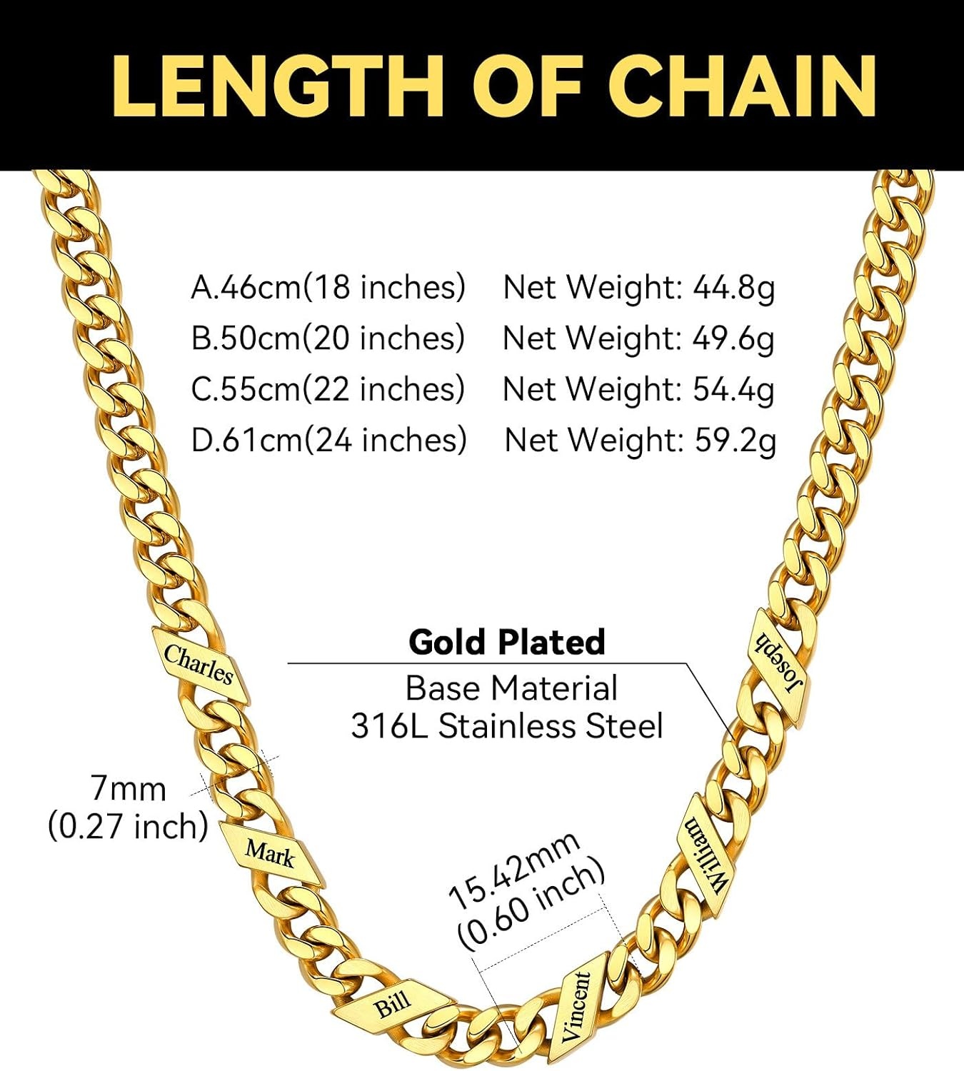 image:imageChainsHouse Personalized Cuban Link Chain for Men WomenCustom Engraved 16 Names5mm7mm9mm12mm Width Chain Name Necklace with Gift BoxHypoallergenic amp WaterproofDGoldMen7mm width
