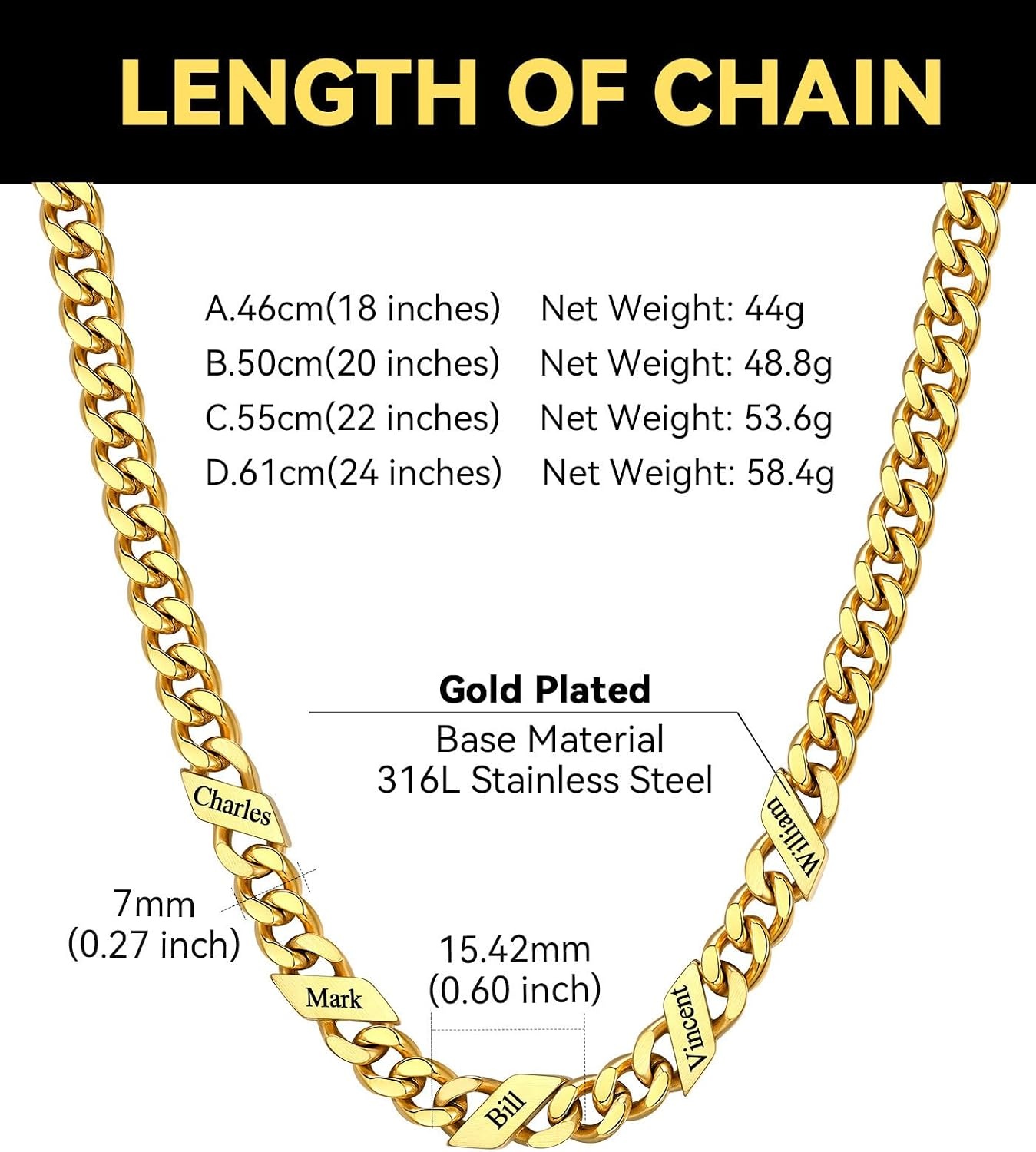 image:imageChainsHouse Personalized Cuban Link Chain for Men WomenCustom Engraved 16 Names5mm7mm9mm12mm Width Chain Name Necklace with Gift BoxHypoallergenic amp WaterproofDGoldMen7mm width