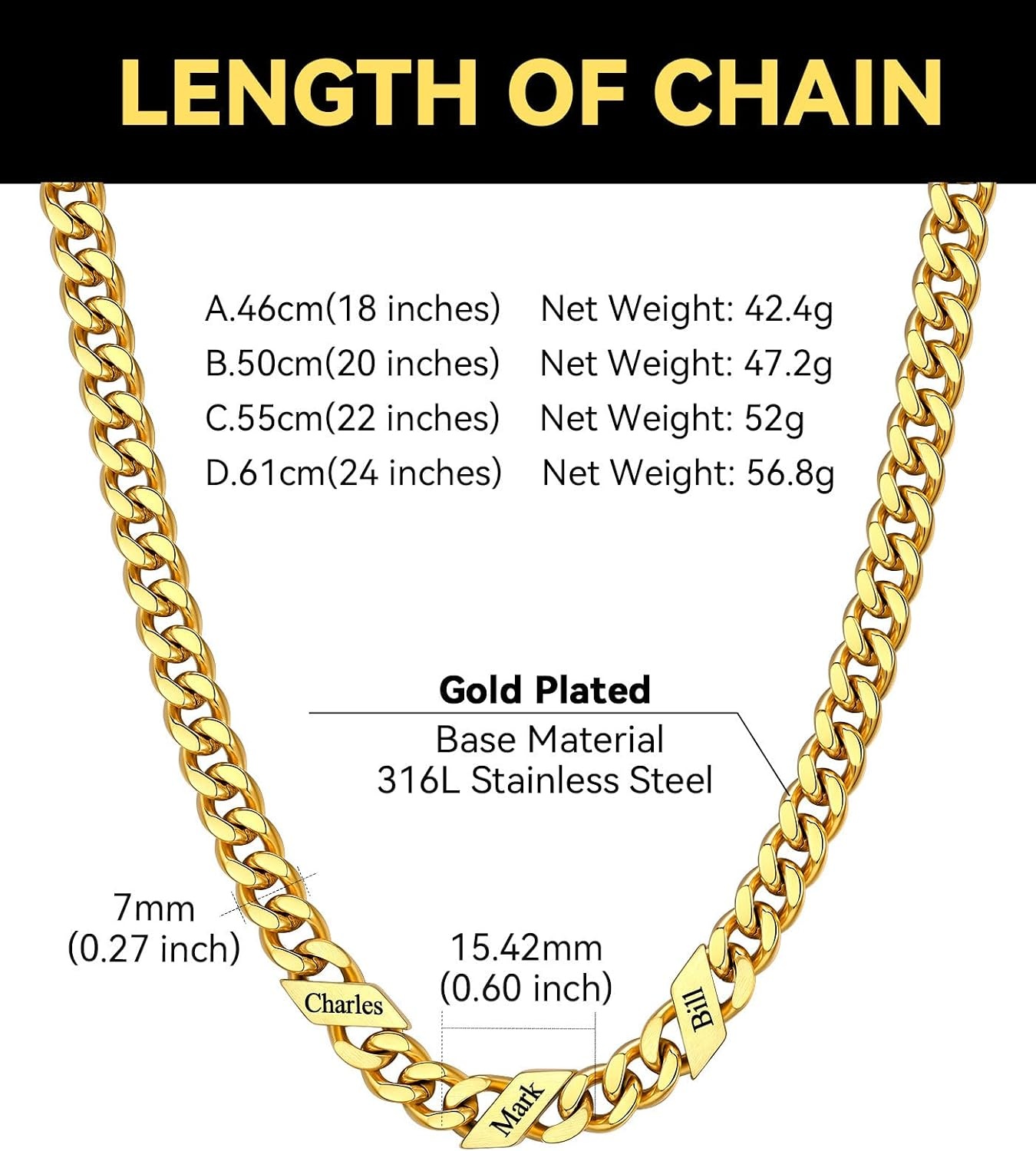 image:imageChainsHouse Personalized Cuban Link Chain for Men WomenCustom Engraved 16 Names5mm7mm9mm12mm Width Chain Name Necklace with Gift BoxHypoallergenic amp WaterproofDGoldMen7mm width