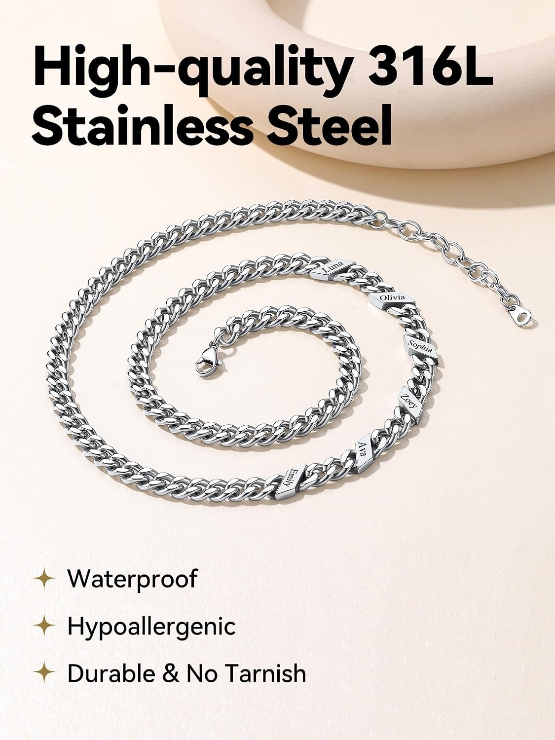 image:imageChainsHouse Personalized Cuban Link Chain for Men WomenCustom Engraved 16 Names5mm7mm9mm12mm Width Chain Name Necklace with Gift BoxHypoallergenic amp WaterproofLSteelWomen7mm width