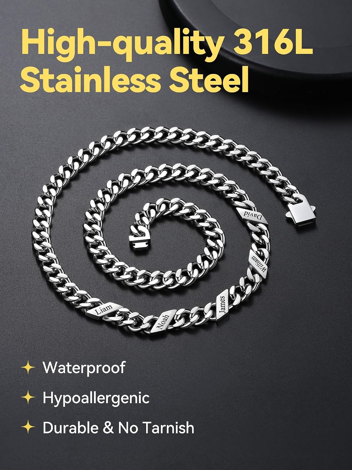 image:imageChainsHouse Personalized Cuban Link Chain for Men WomenCustom Engraved 16 Names5mm7mm9mm12mm Width Chain Name Necklace with Gift BoxHypoallergenic amp WaterproofBSteelMen9mm width
