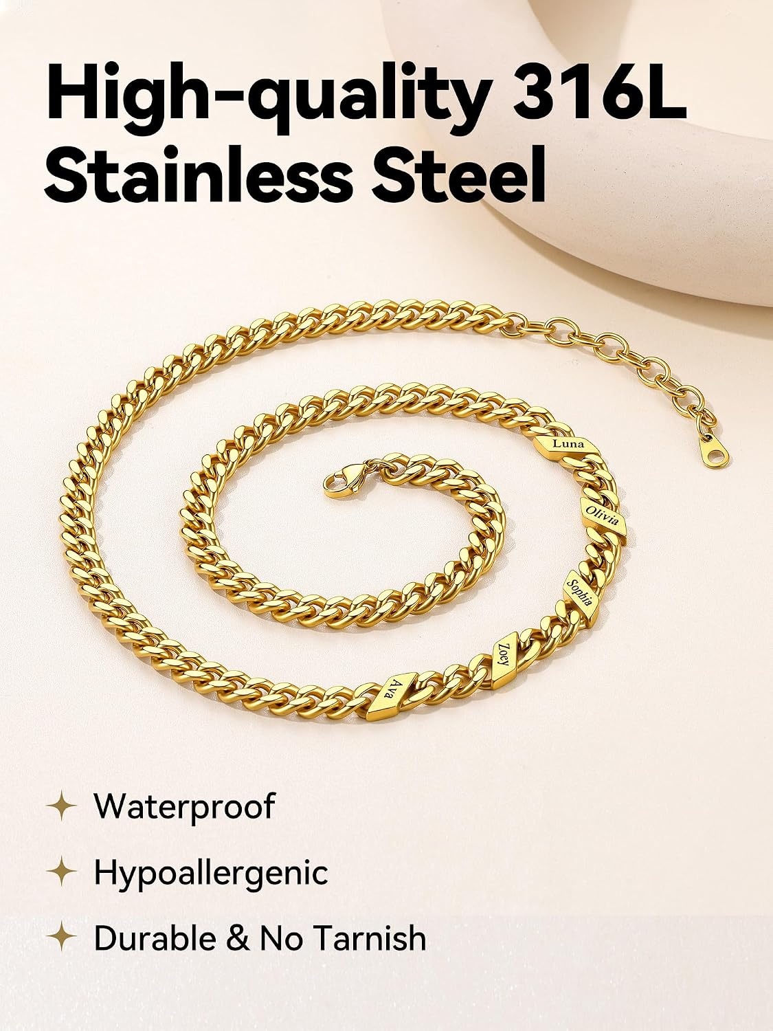 image:imageChainsHouse Personalized Cuban Link Chain for Men WomenCustom Engraved 16 Names5mm7mm9mm12mm Width Chain Name Necklace with Gift BoxHypoallergenic amp WaterproofOGoldWomen7mm width
