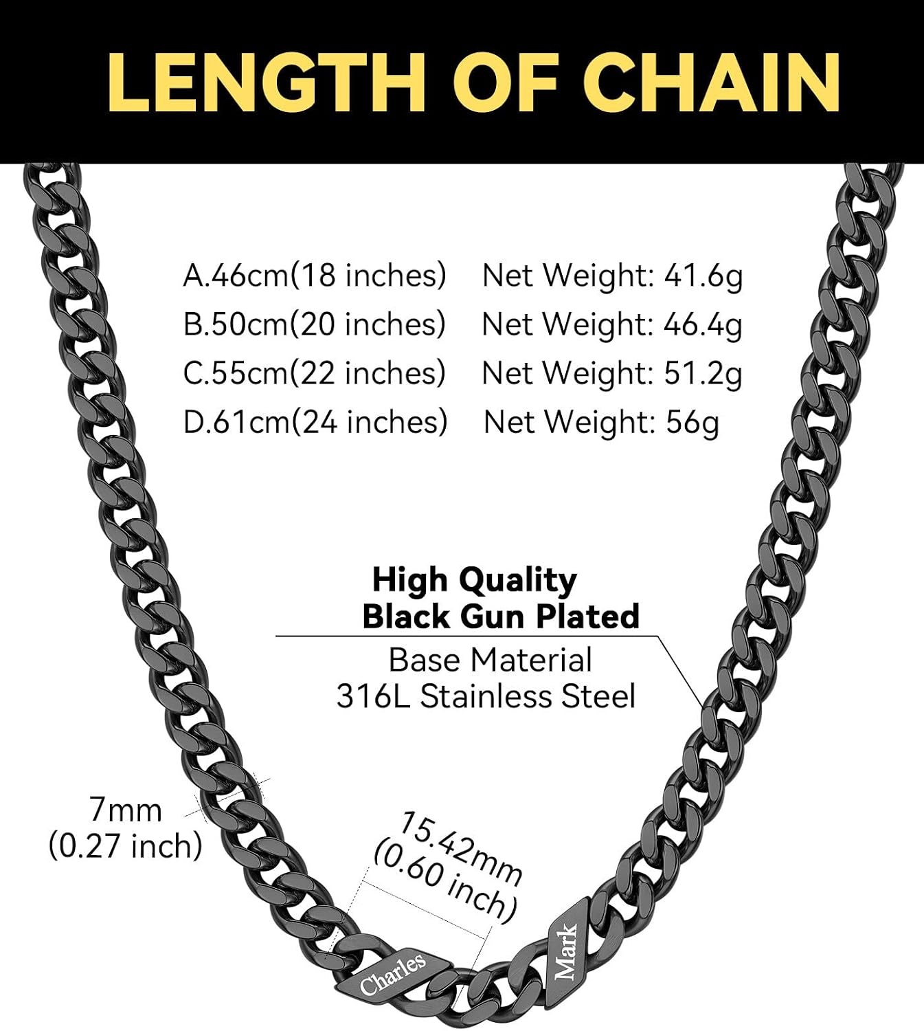 image:imageChainsHouse Personalized Cuban Link Chain for Men WomenCustom Engraved 16 Names5mm7mm9mm12mm Width Chain Name Necklace with Gift BoxHypoallergenic amp WaterproofHBlackMen7mm width