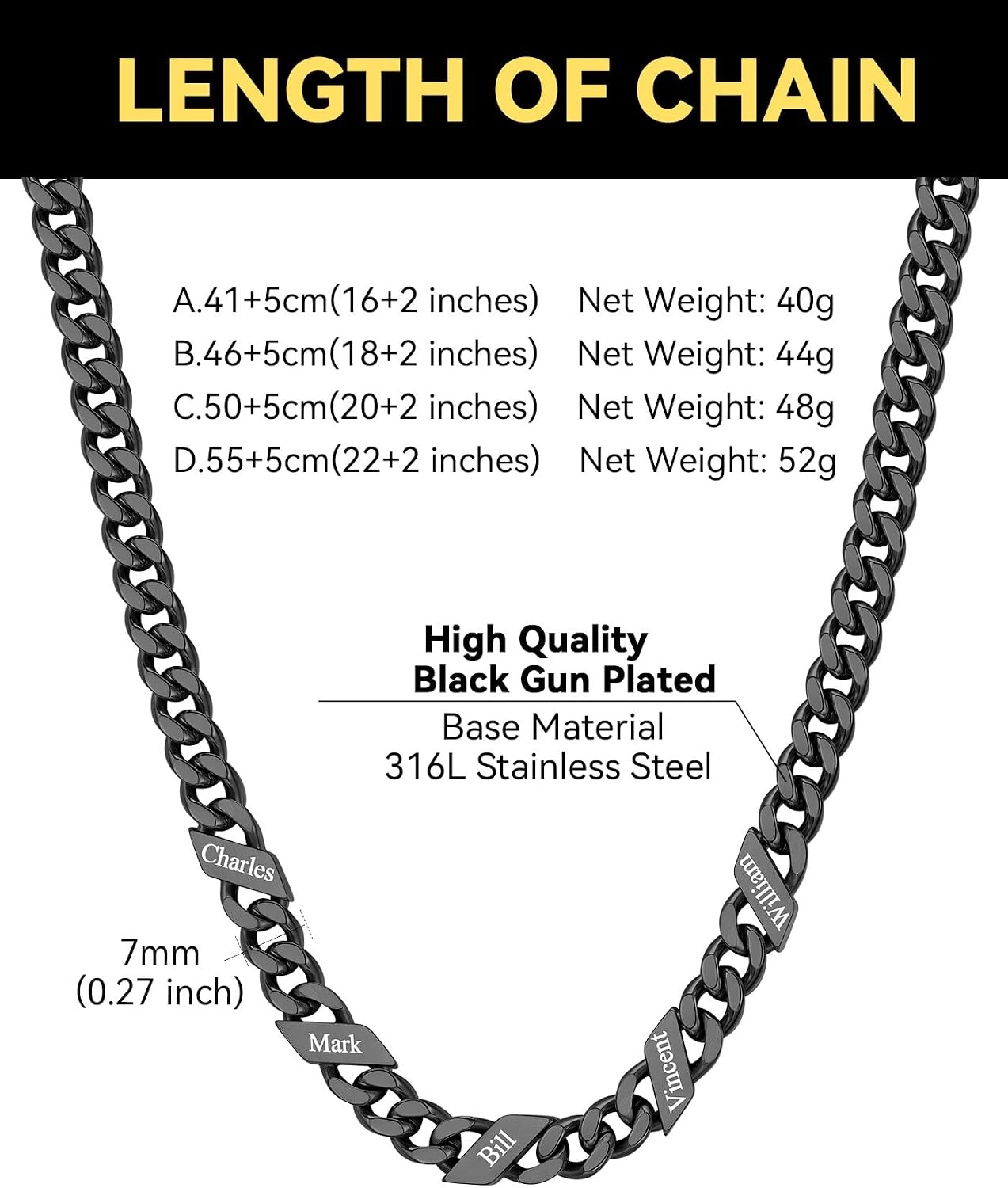 image:imageChainsHouse Personalized Cuban Link Chain for Men WomenCustom Engraved 16 Names5mm7mm9mm12mm Width Chain Name Necklace with Gift BoxHypoallergenic amp WaterproofRBlackWomen7mm width