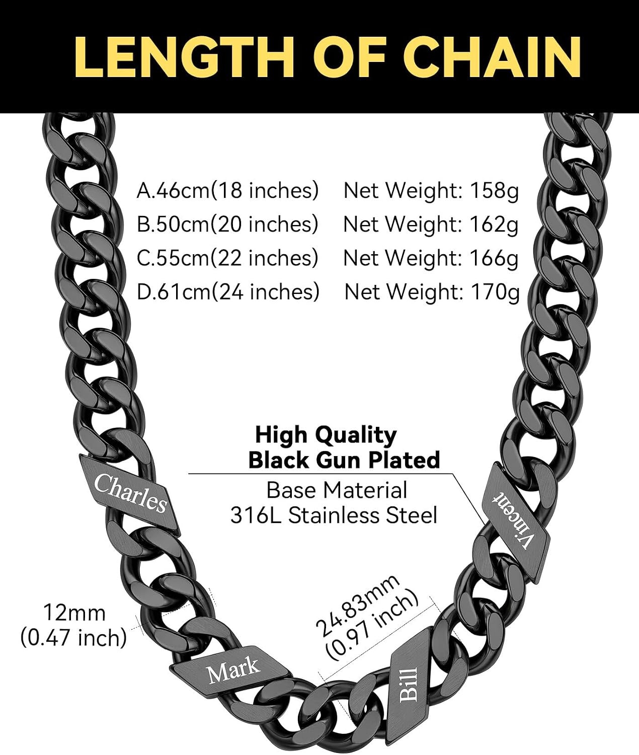 image:imageChainsHouse Personalized Cuban Link Chain for Men WomenCustom Engraved 16 Names5mm7mm9mm12mm Width Chain Name Necklace with Gift BoxHypoallergenic amp WaterproofJBlackMen12mm width