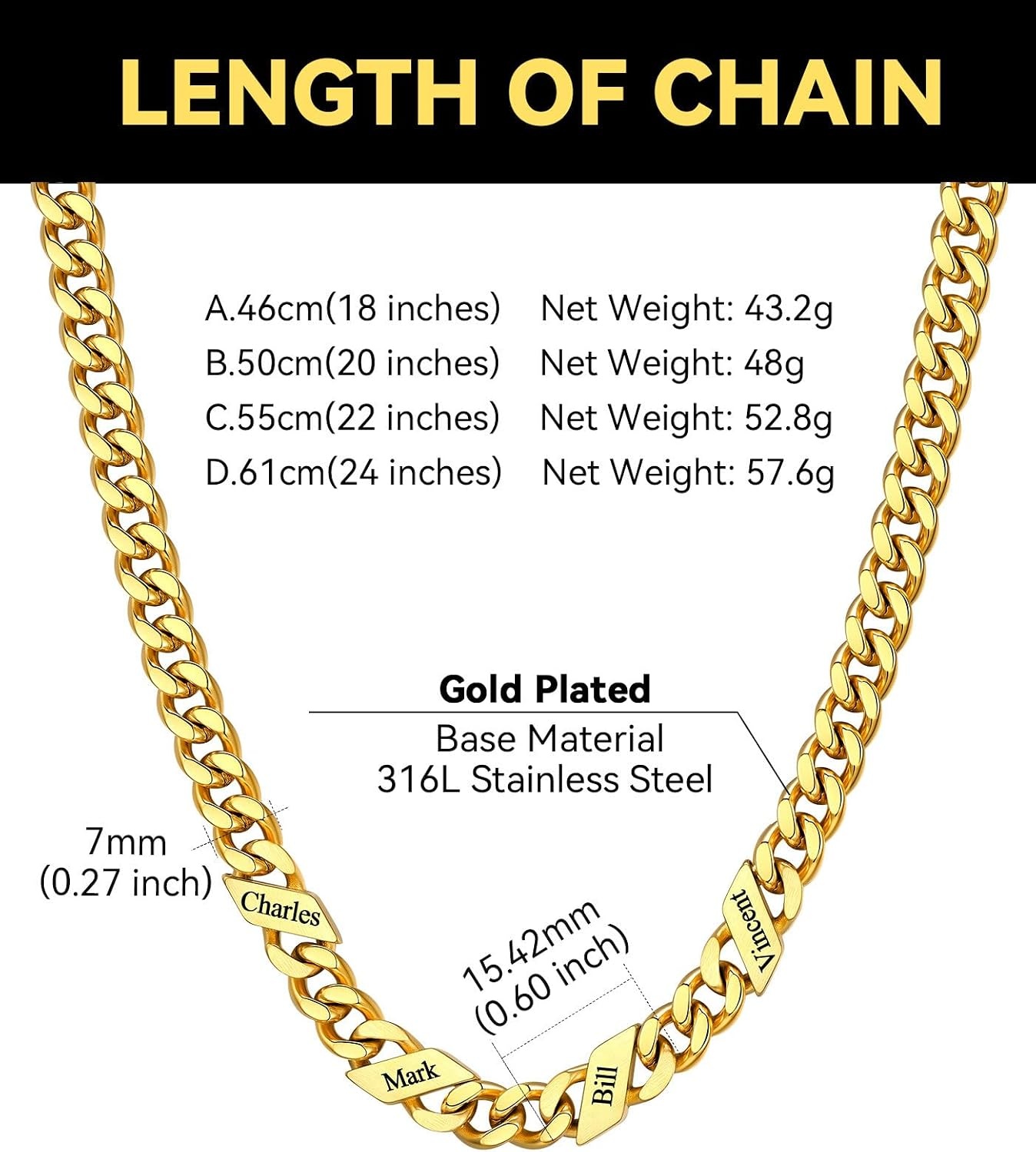 image:imageChainsHouse Personalized Cuban Link Chain for Men WomenCustom Engraved 16 Names5mm7mm9mm12mm Width Chain Name Necklace with Gift BoxHypoallergenic amp WaterproofDGoldMen7mm width