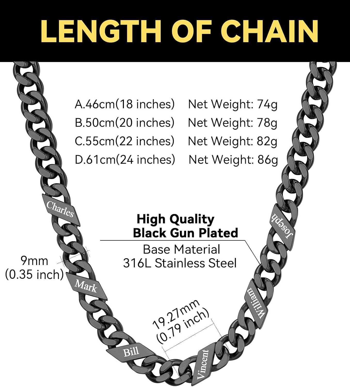 image:imageChainsHouse Personalized Cuban Link Chain for Men WomenCustom Engraved 16 Names5mm7mm9mm12mm Width Chain Name Necklace with Gift BoxHypoallergenic amp WaterproofIBlackMen9mm width