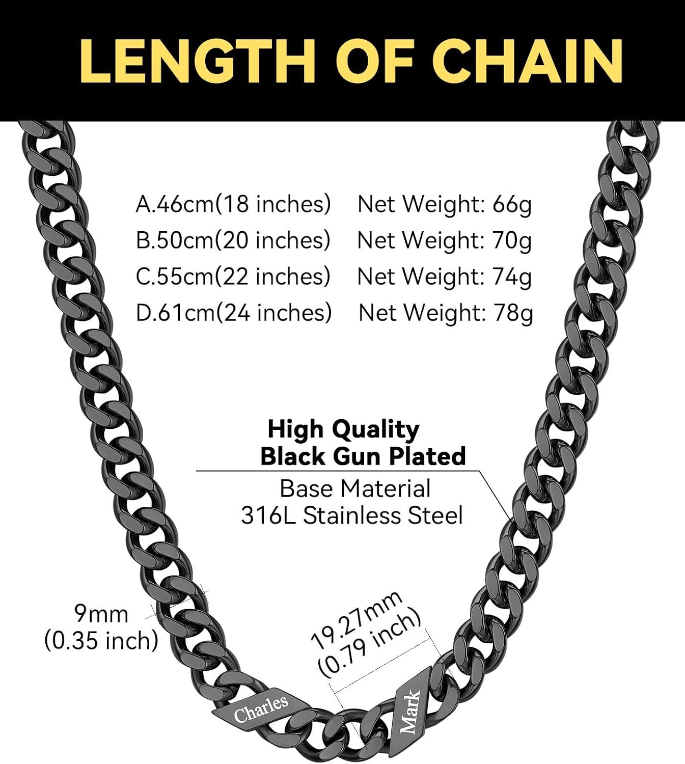 image:imageChainsHouse Personalized Cuban Link Chain for Men WomenCustom Engraved 16 Names5mm7mm9mm12mm Width Chain Name Necklace with Gift BoxHypoallergenic amp WaterproofIBlackMen9mm width