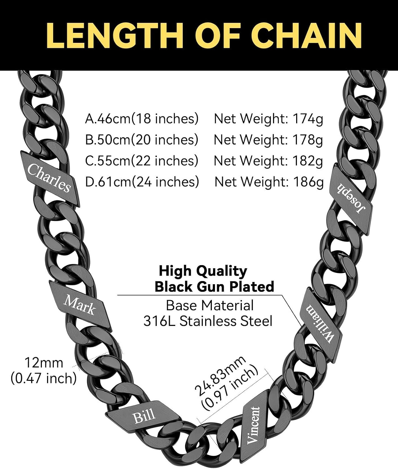 image:imageChainsHouse Personalized Cuban Link Chain for Men WomenCustom Engraved 16 Names5mm7mm9mm12mm Width Chain Name Necklace with Gift BoxHypoallergenic amp WaterproofJBlackMen12mm width