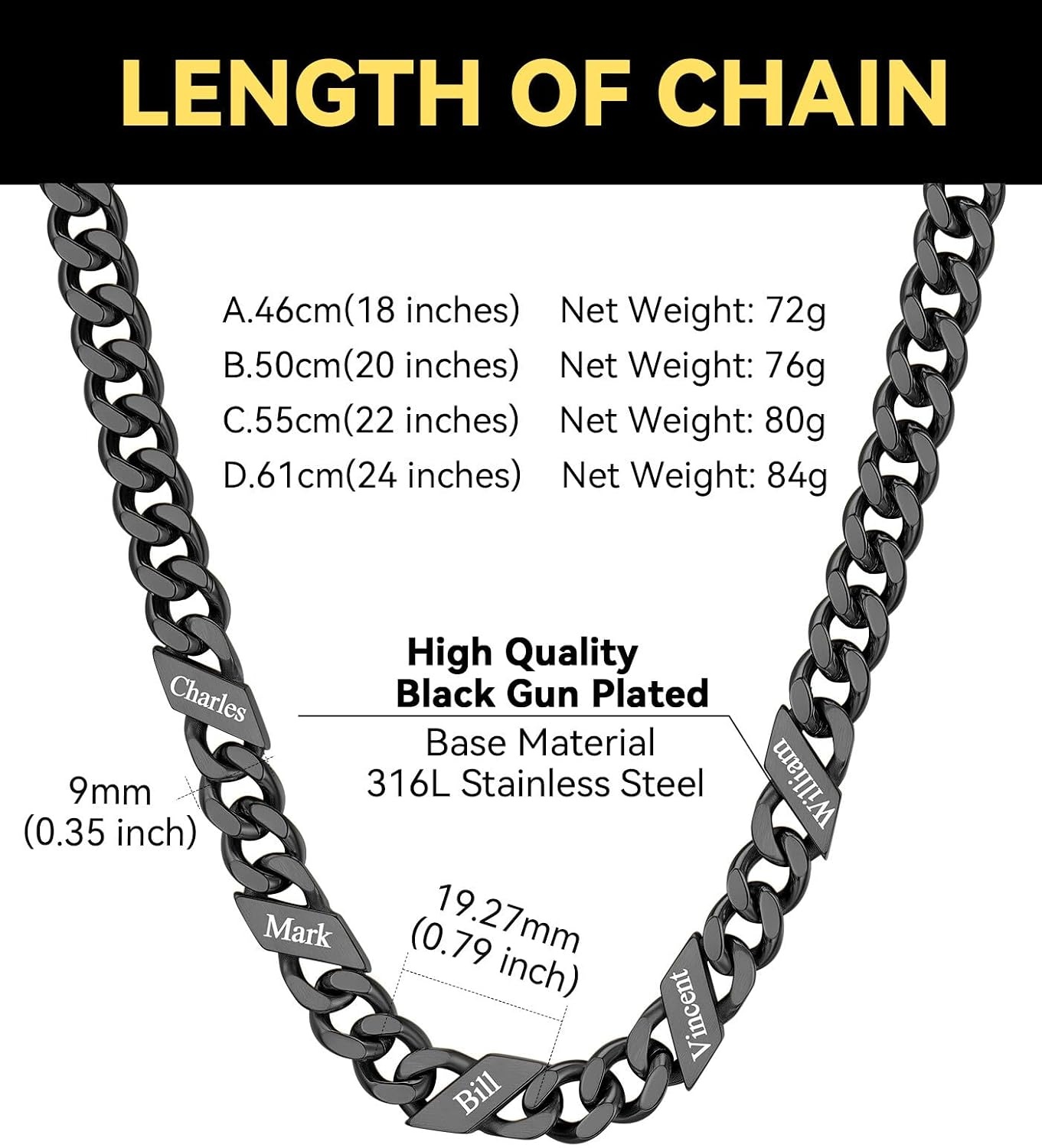 image:imageChainsHouse Personalized Cuban Link Chain for Men WomenCustom Engraved 16 Names5mm7mm9mm12mm Width Chain Name Necklace with Gift BoxHypoallergenic amp WaterproofIBlackMen9mm width