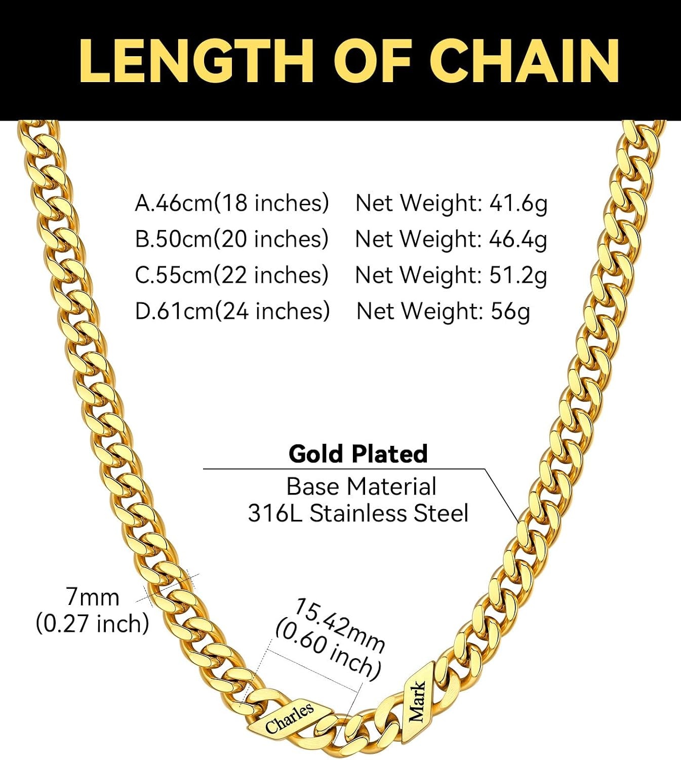 image:imageChainsHouse Personalized Cuban Link Chain for Men WomenCustom Engraved 16 Names5mm7mm9mm12mm Width Chain Name Necklace with Gift BoxHypoallergenic amp WaterproofDGoldMen7mm width